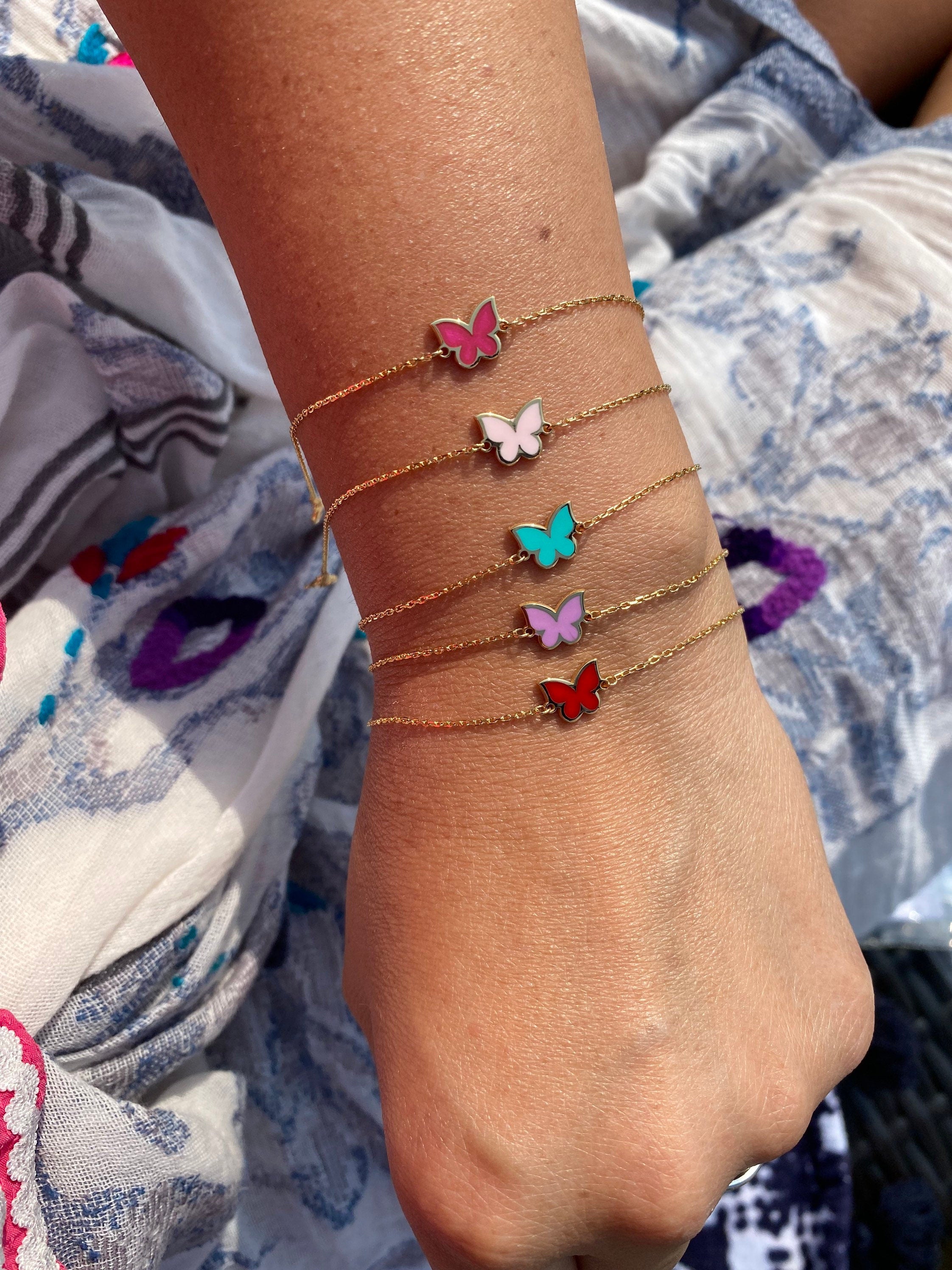 Sterling silver and gold plated enamel butterfly bracelets. Butterfly jewelry. Colorful butterfly bracelets.