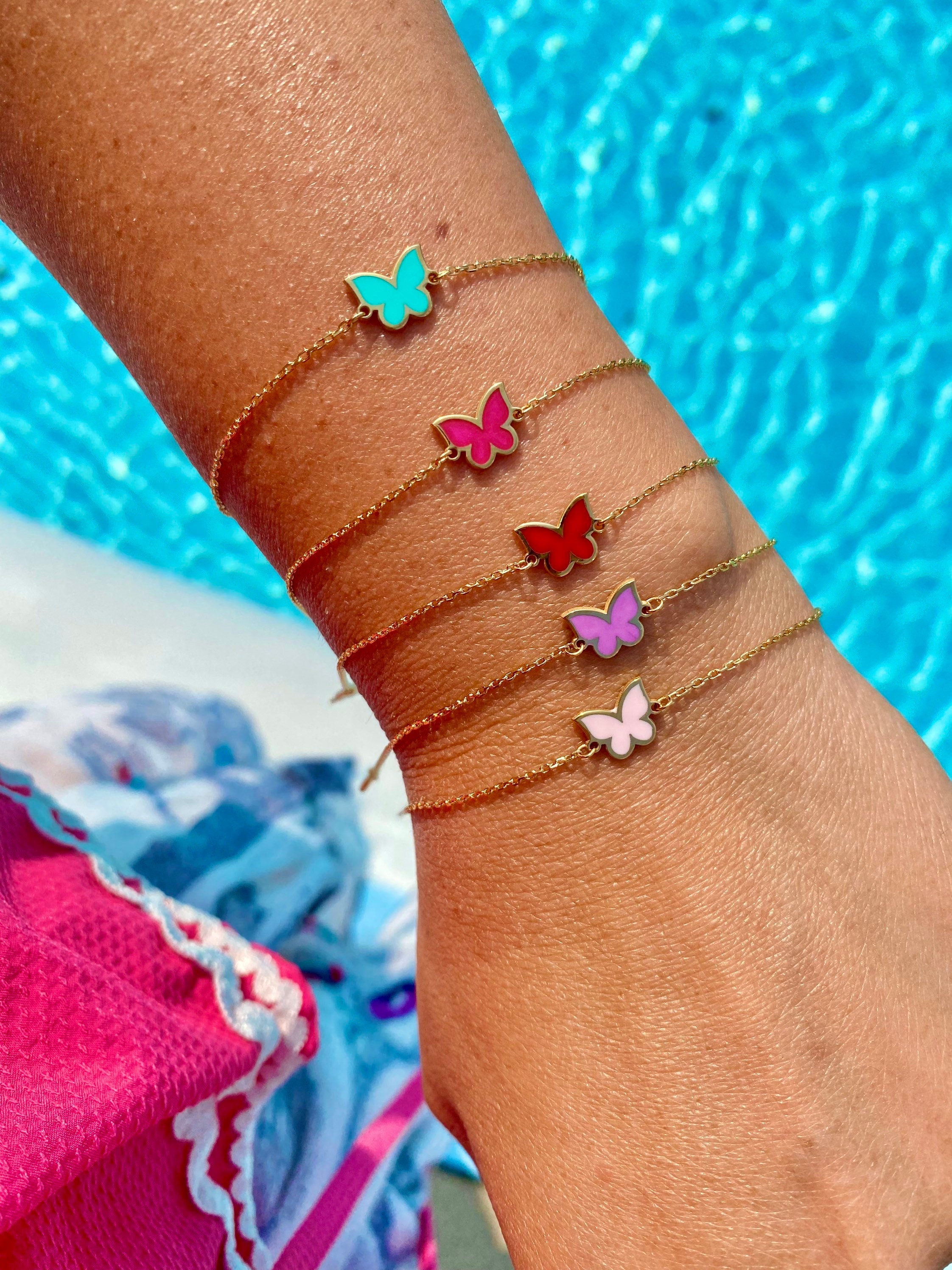 Sterling silver and gold plated enamel butterfly bracelets. Butterfly jewelry. Colorful butterfly bracelets.