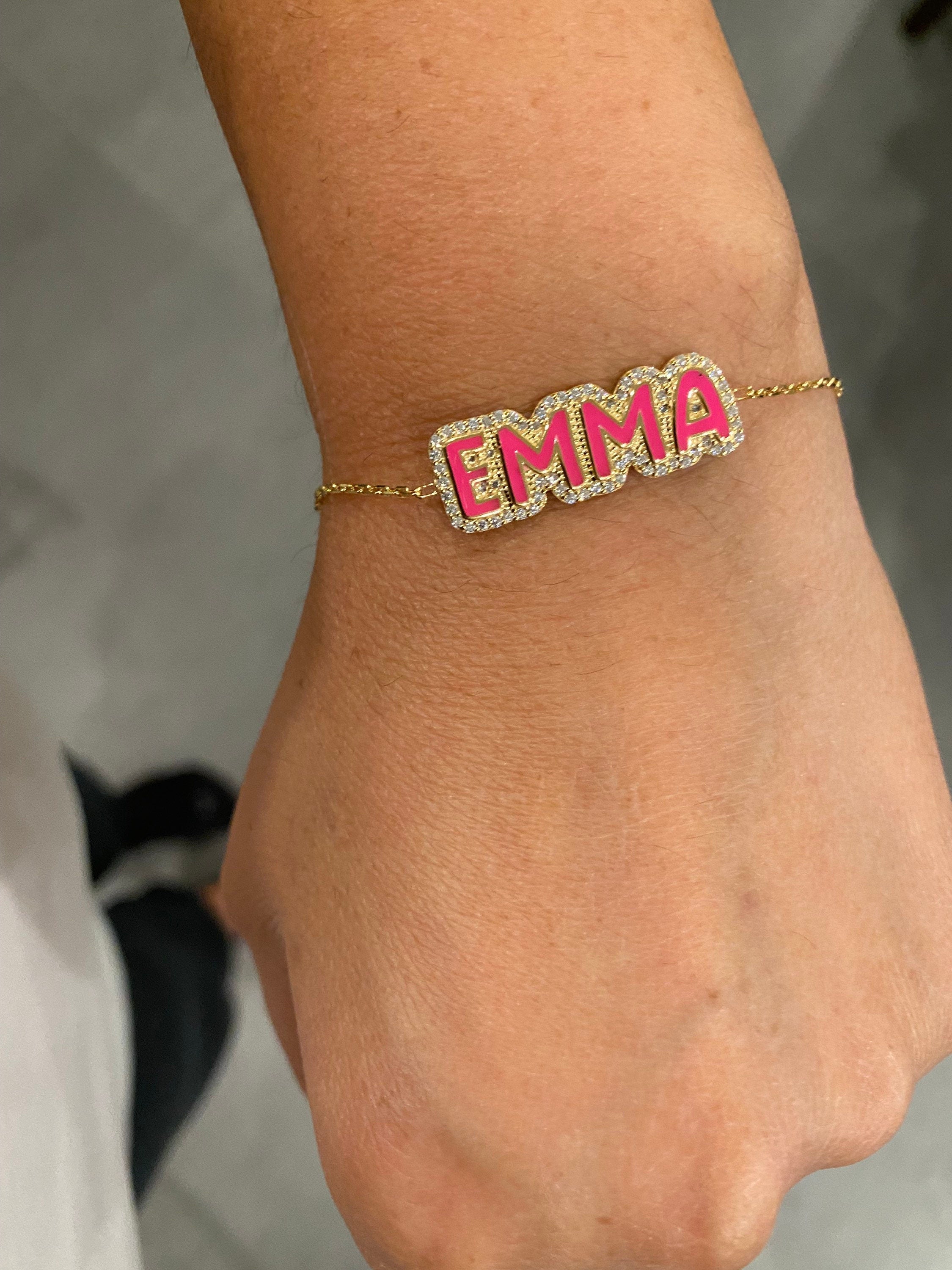 NEW personalized pave outline enamel name bracelets. Custom enamel bracelet. Personalized enamel bubble bracelet