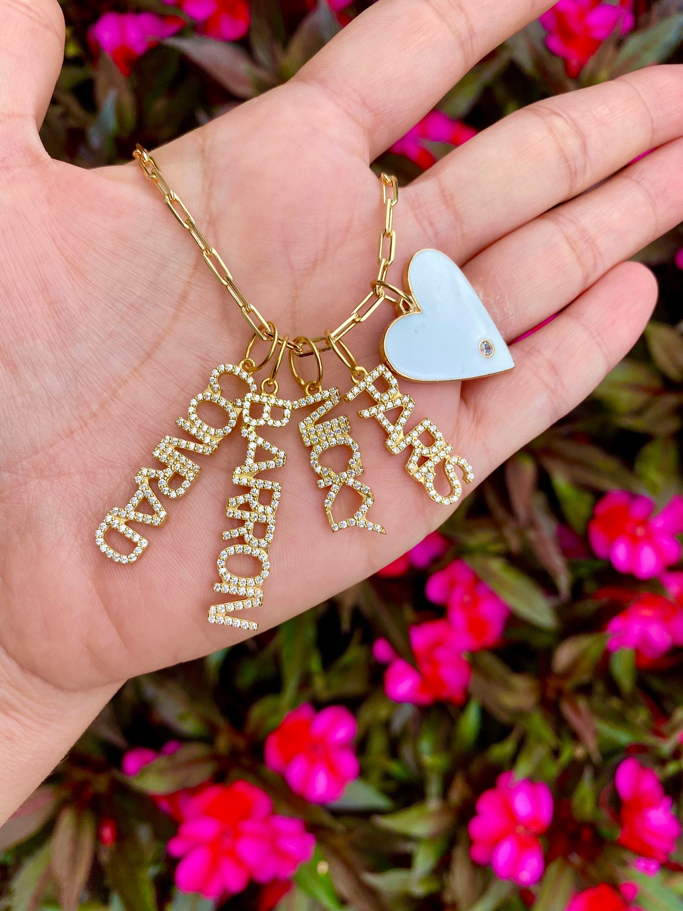As seen on Kyle Richards, Kathy Hilton and Teddi Mellencamp. Personalized Pave Name Charms. Diamond Charms. CZ charms. Custom name charms.