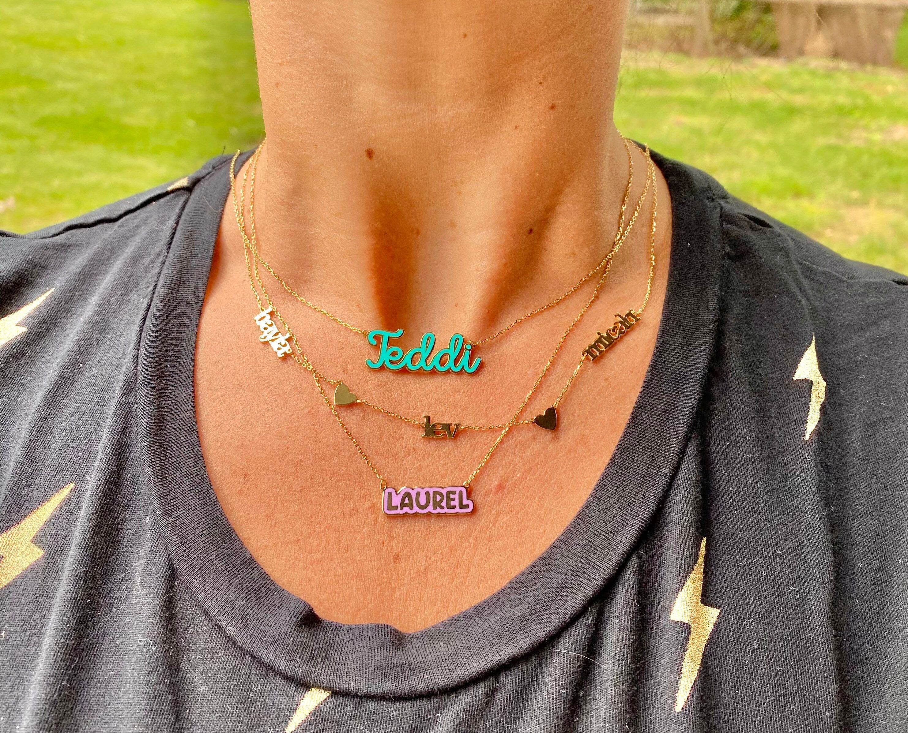 Enamel Outline Bubble Nameplate Necklace | Enamel Hebrew Name Necklace | Personalized enamel Jewelry | Arabic name necklace