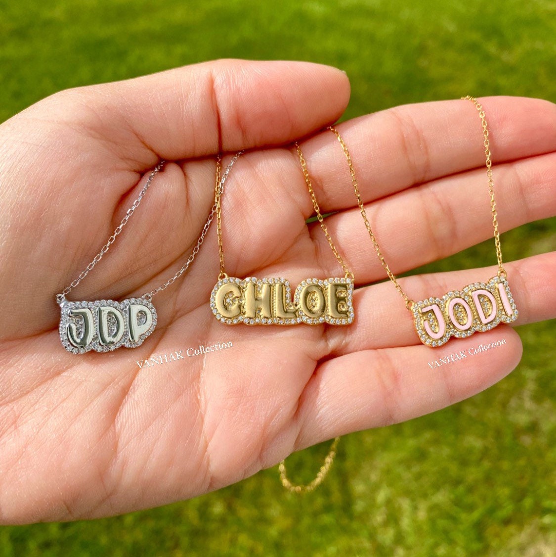 personalized pave outline necklace. Custom Emily pave outline necklace. Personalized bubble necklace. Custom bubble name necklace.