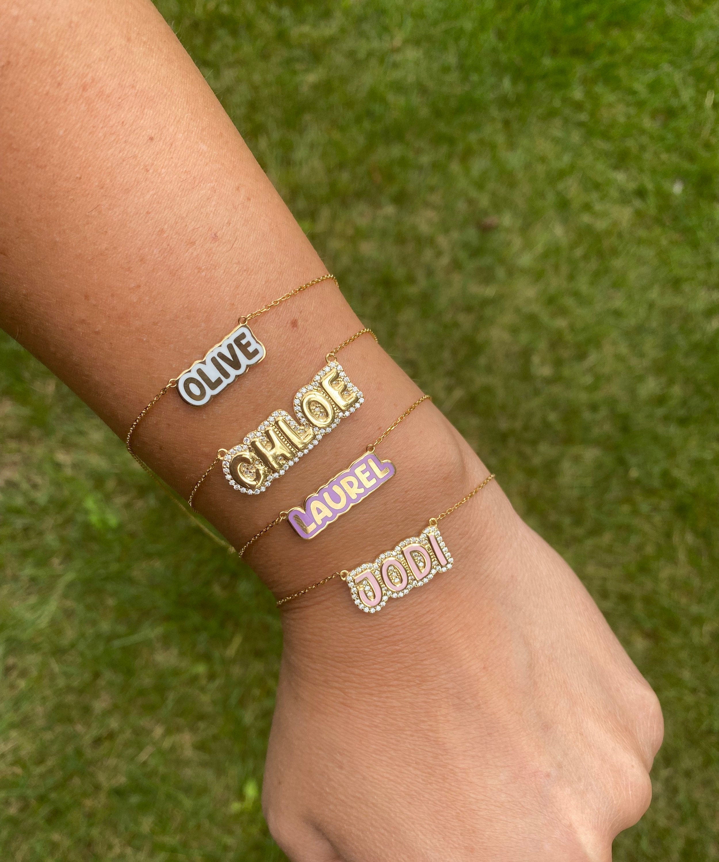 NEW personalized pave outline enamel name bracelets. Custom enamel bracelet. Personalized enamel bubble bracelet