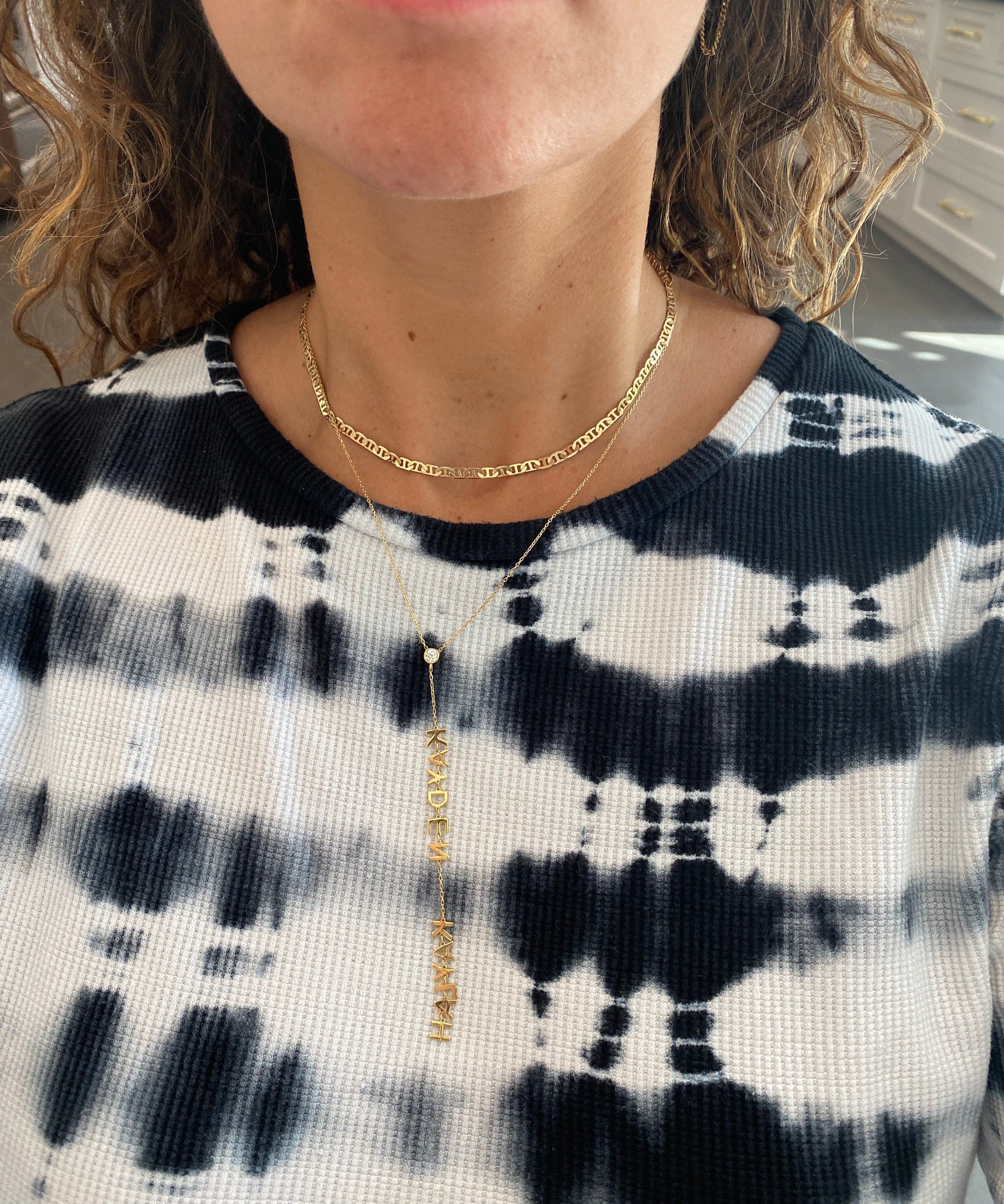 diamond bezel initials lariat necklace. Initial lariat necklace. Diamond lariat necklace. Name lariat choker. Sterling silver gold plated.