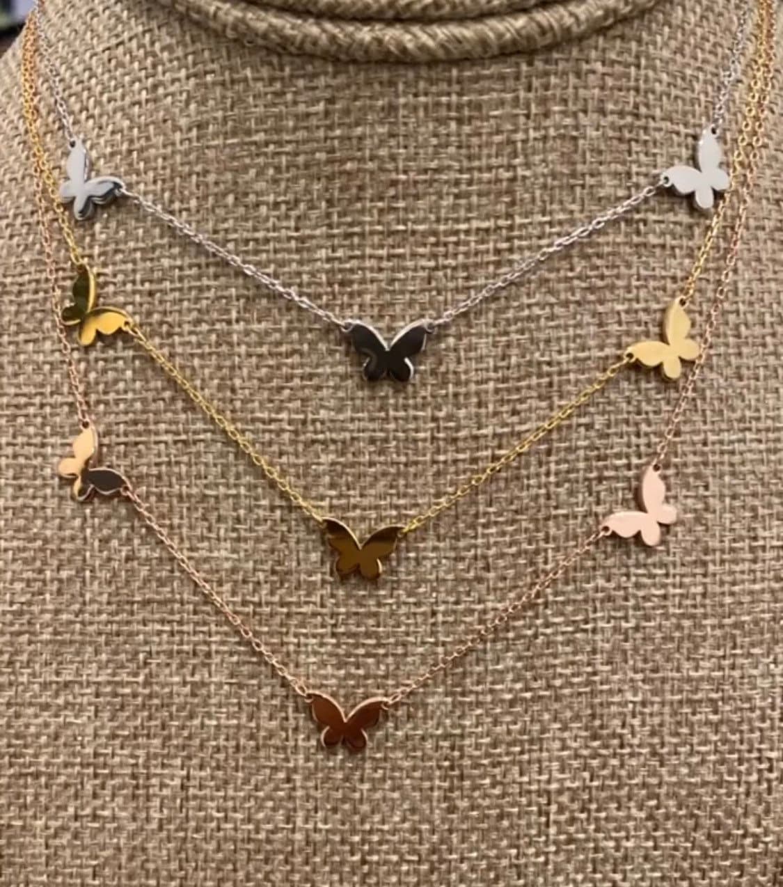 Gold, rose gold, sterling silver butterfly necklace. Sterling silver 14K gold plated butterfly choker. Triple butterfly necklace.