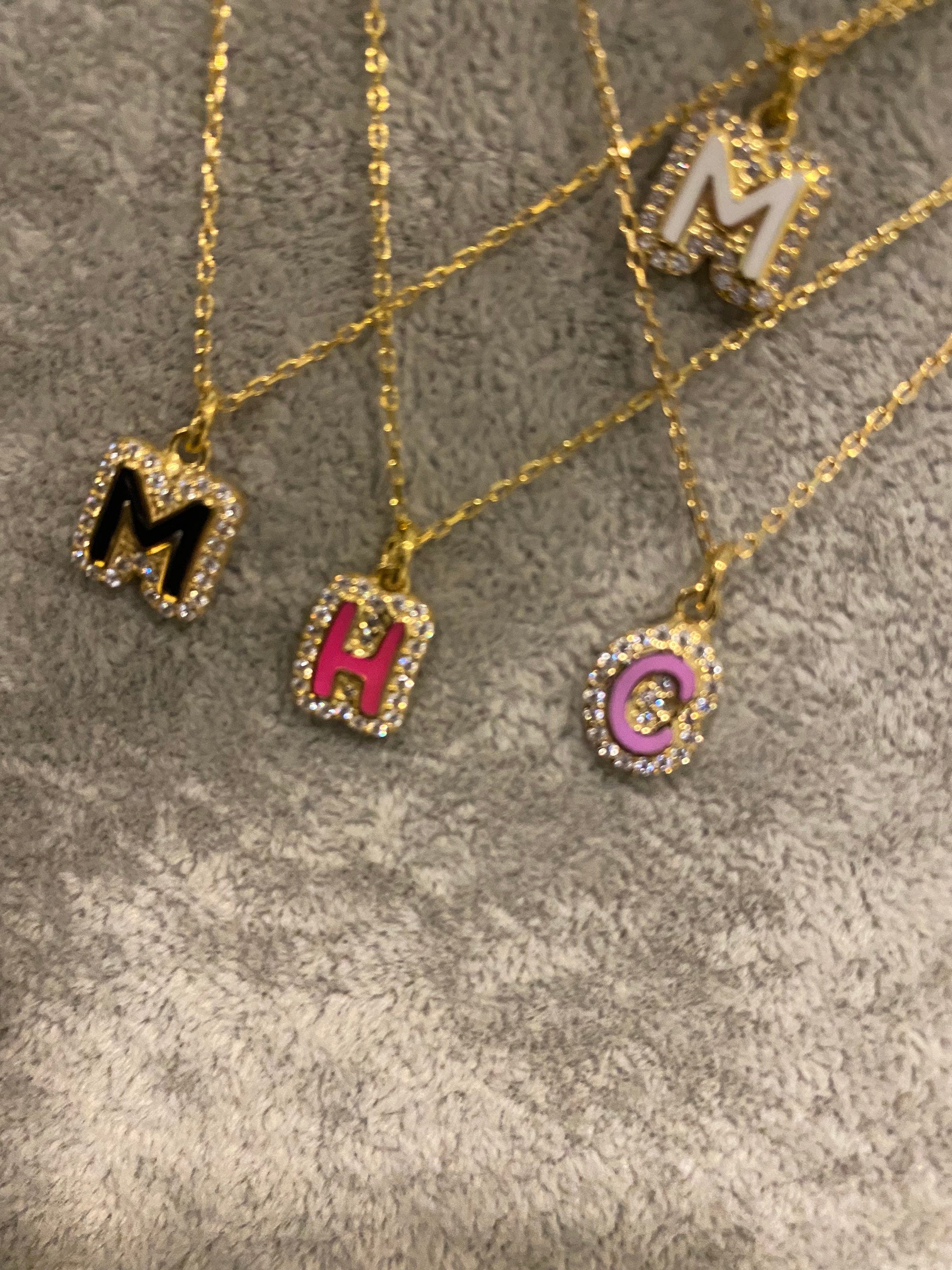 NEW personalized pave outline enamel initial necklace. Custom enamel pave initial necklace. Personalized enamel bubble initial necklace.