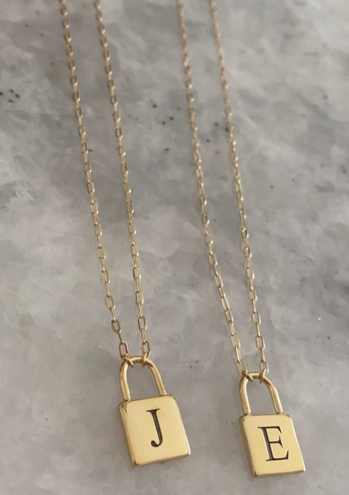 Initial lock necklace on a paper clip chain. Engraved. Personalized lock necklace. Sterling silver and 14K gold plated. Initial lock choker.