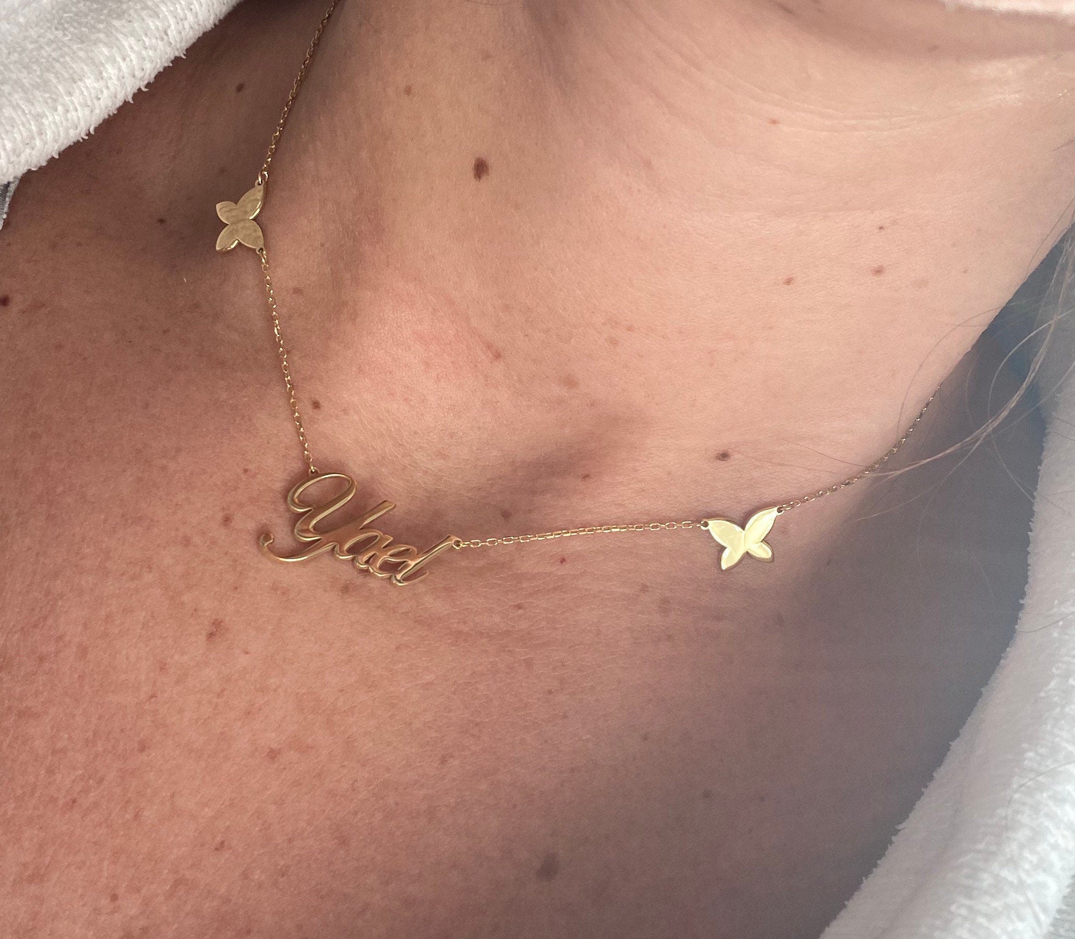 Nameplate with butterflies | personalized name necklace with butterflies |Sterling silver and 14K gold plated butterfly nameplate necklace