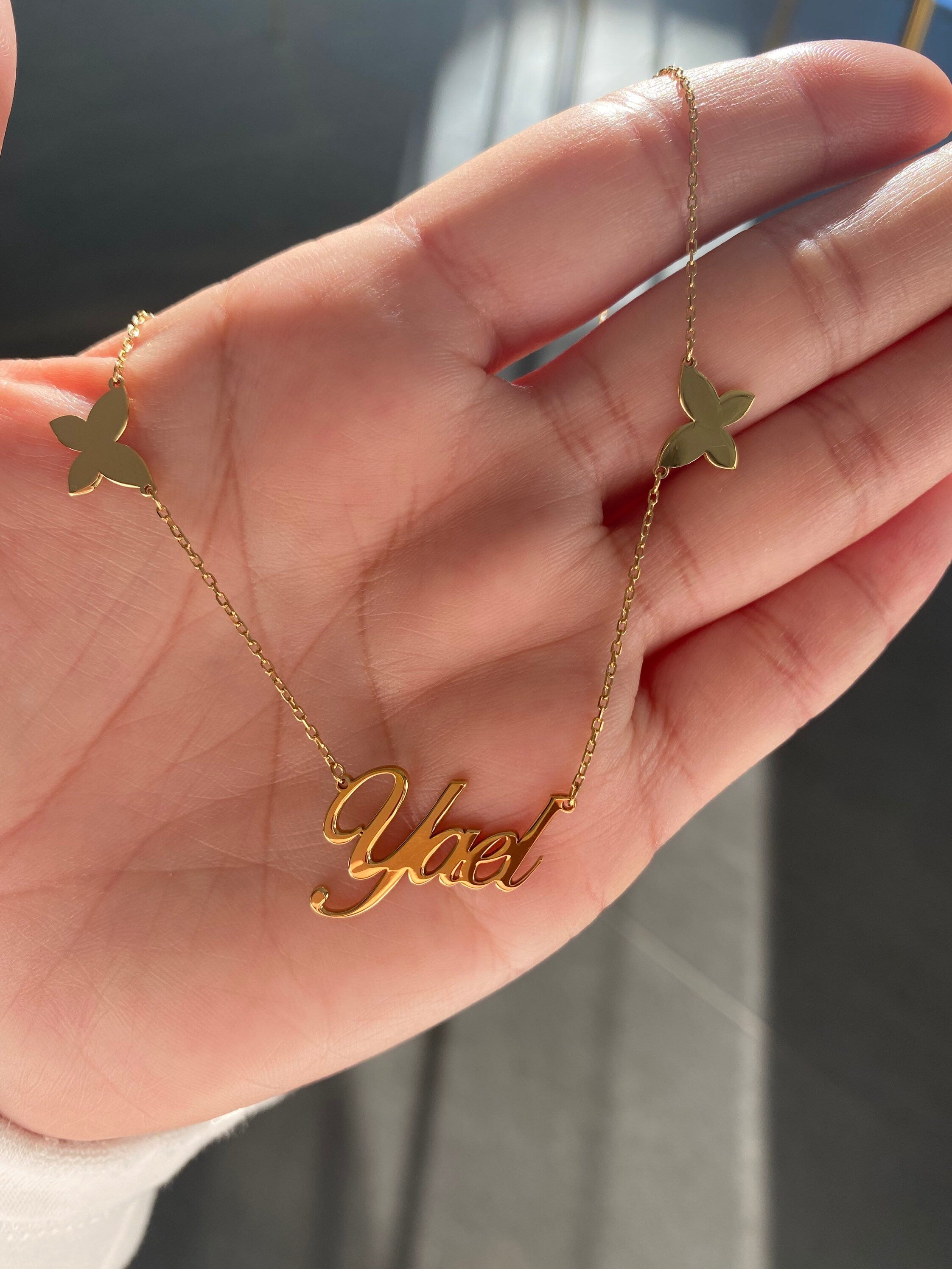 Nameplate with butterflies | personalized name necklace with butterflies |Sterling silver and 14K gold plated butterfly nameplate necklace