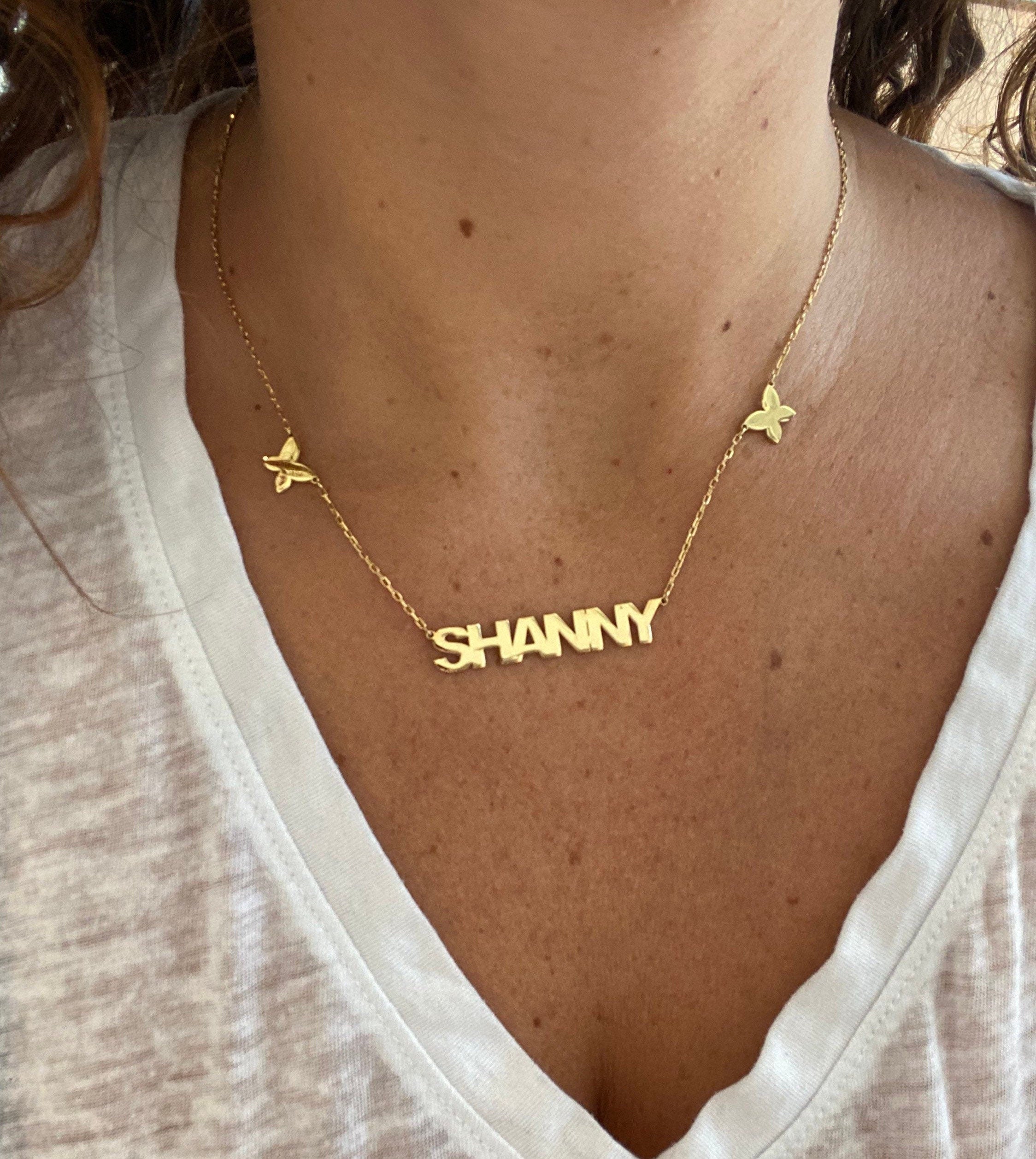 Nameplate with butterflies | personalized name necklace with butterflies |Sterling silver and 14K gold plated butterfly nameplate necklace