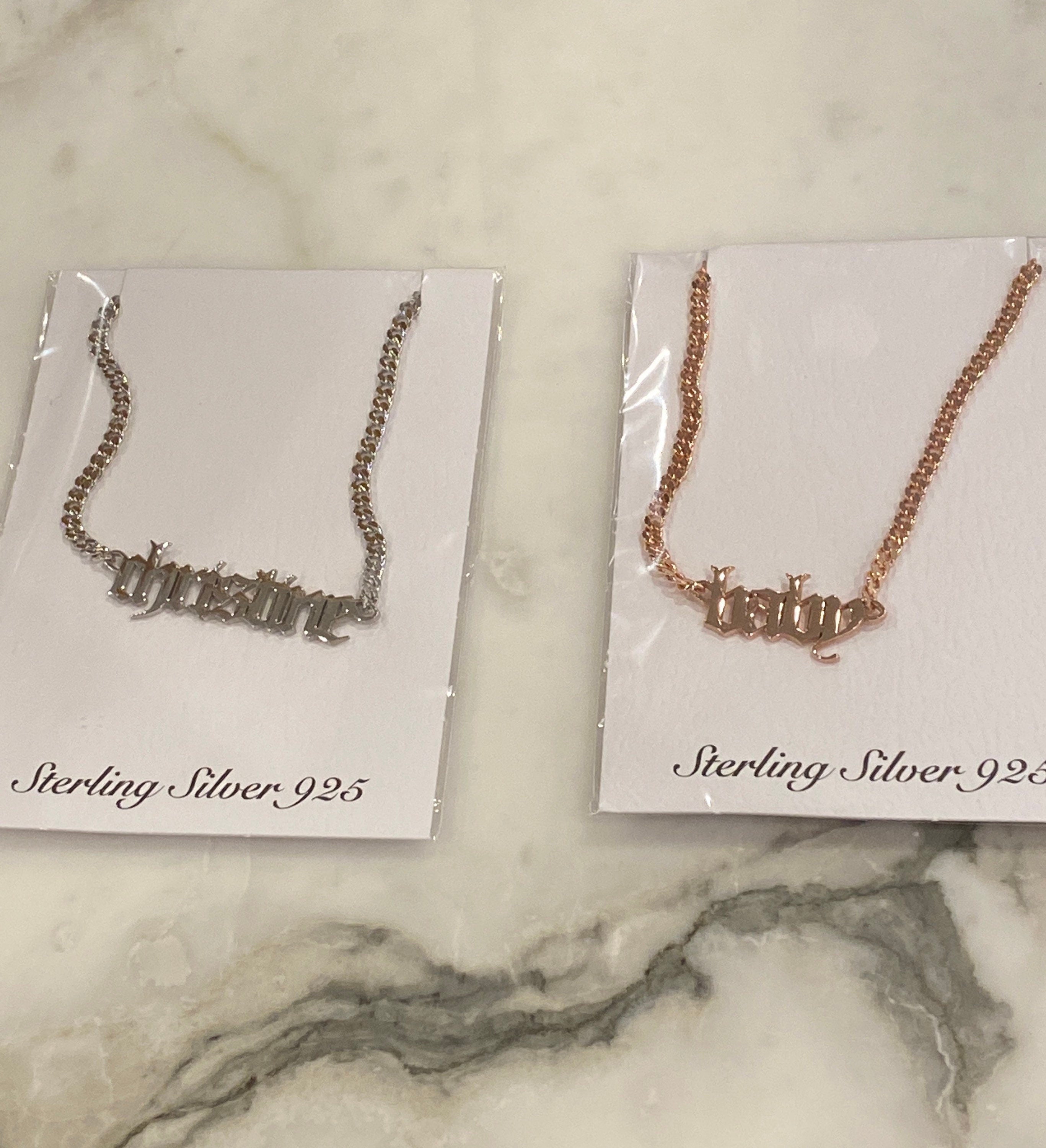 Personalized Gothic nameplate choker. Old English Cuban link necklace. Custom name curb link choker. Sterling silver gold plated.