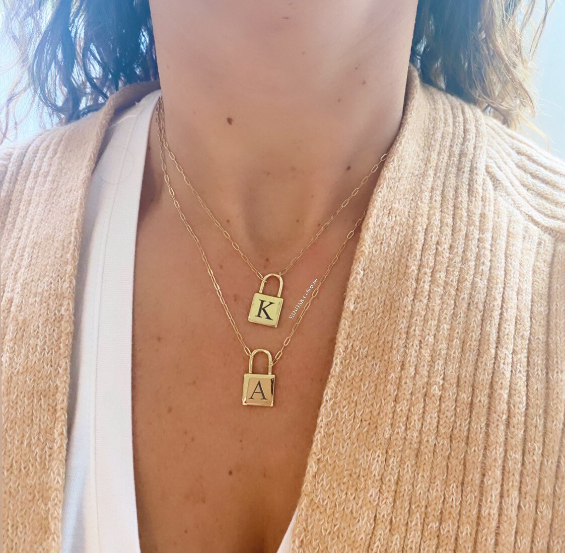 Initial lock necklace on a paper clip chain. Engraved. Personalized lock necklace. Sterling silver and 14K gold plated. Initial lock choker.