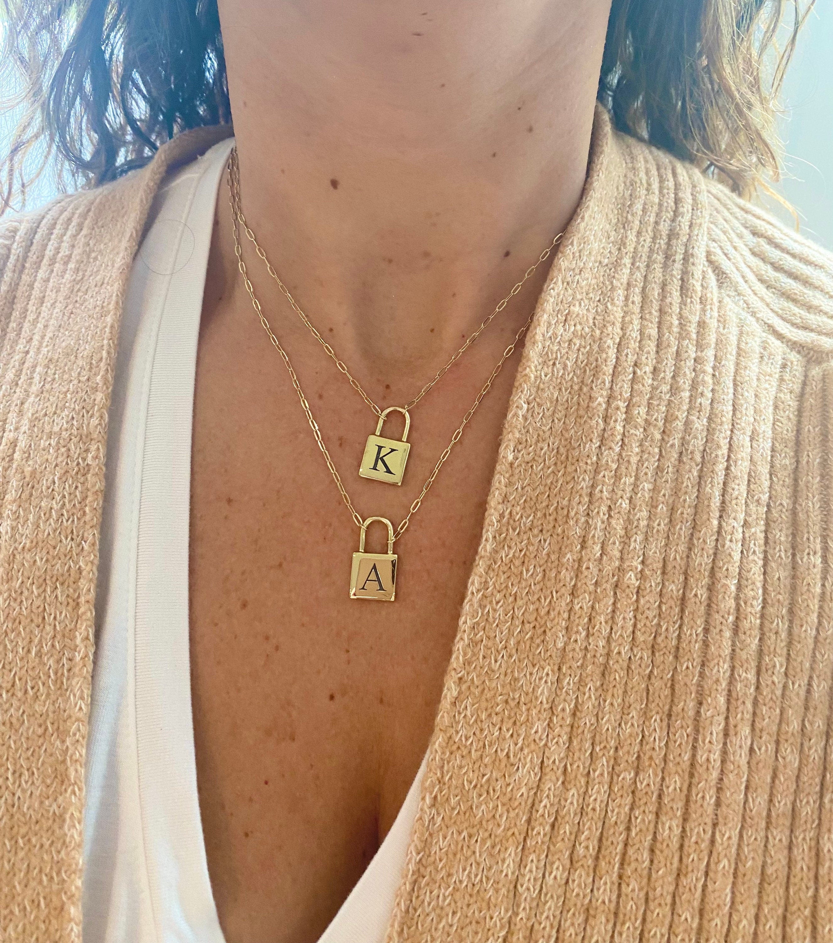 Initial lock necklace on a paper clip chain. Engraved. Personalized lock necklace. Sterling silver and 14K gold plated. Initial lock choker.