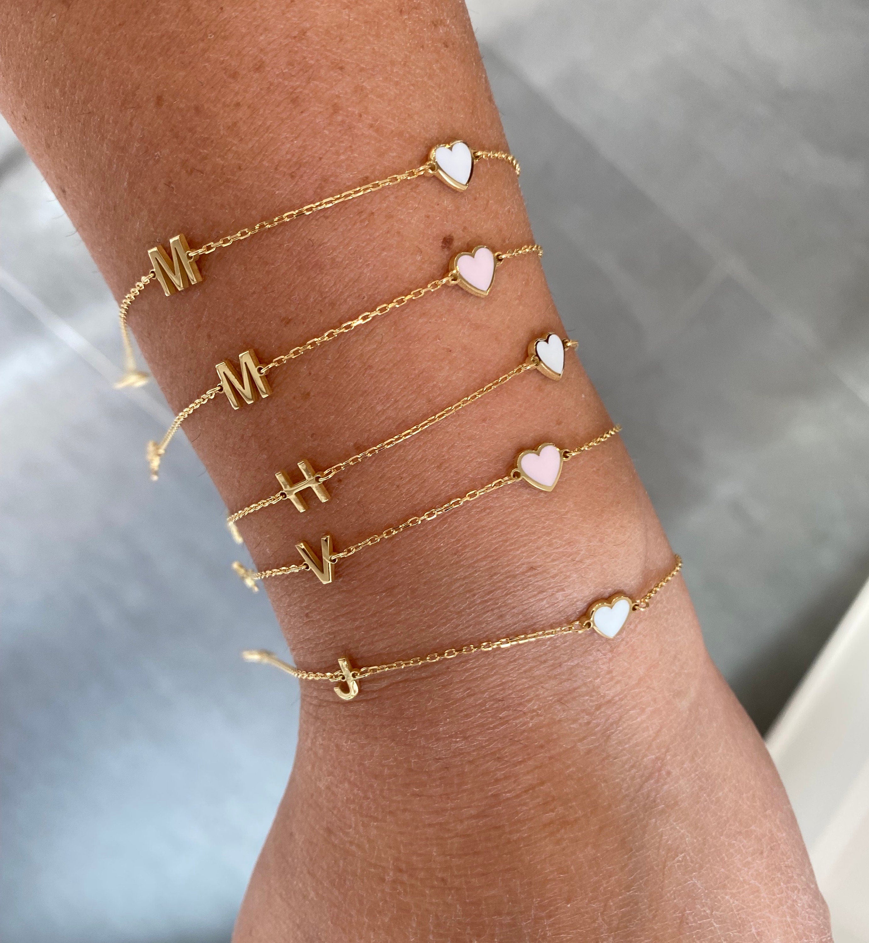 Initial heart bracelet. Initial plus enamel heart bracelet. Custom initial heart bracelet. Personalized bracelets.