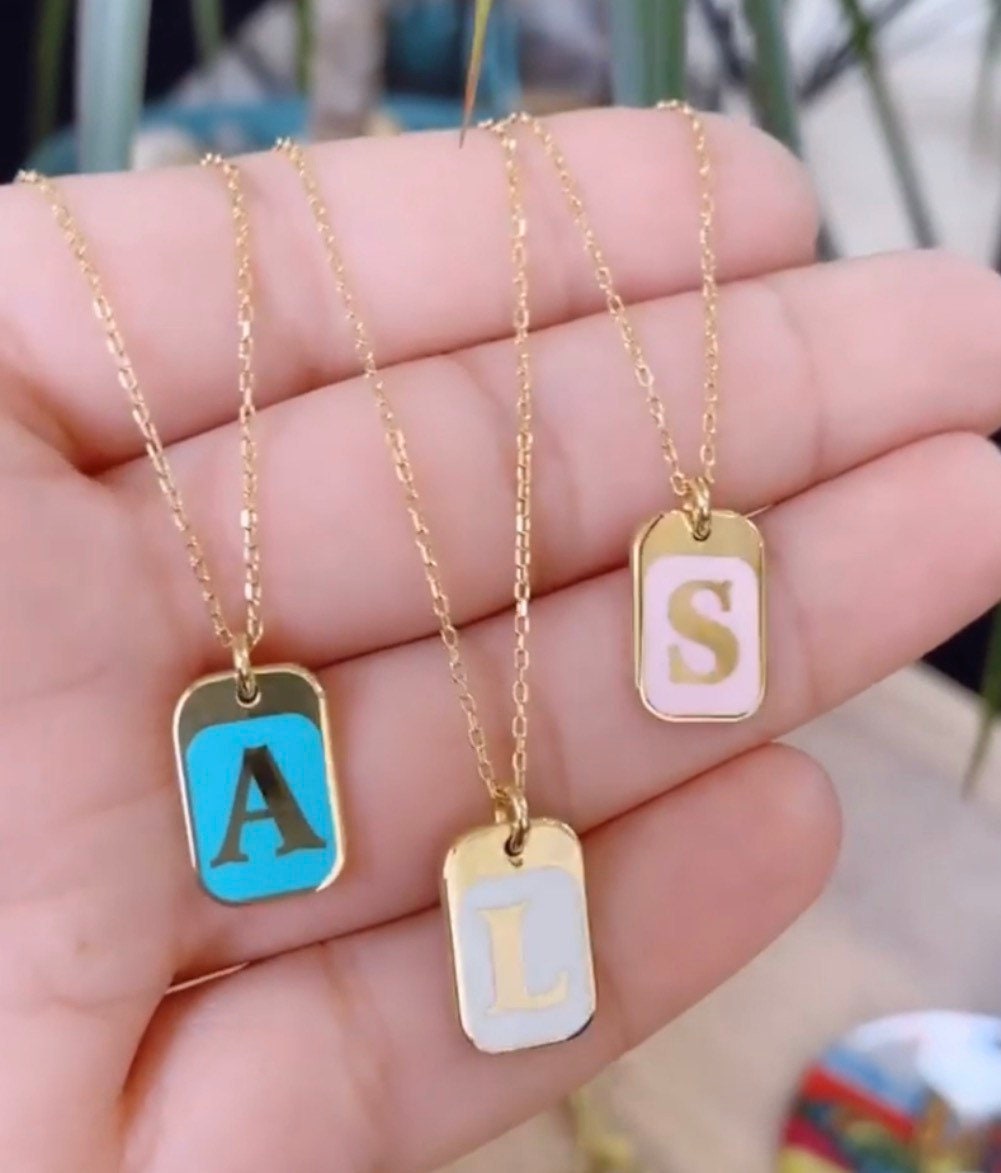 Sterling silver 14K gold plated Enamel Initial Necklaces | enamel Dog Tag Initial Letter Necklaces | Personalized initial Jewelry