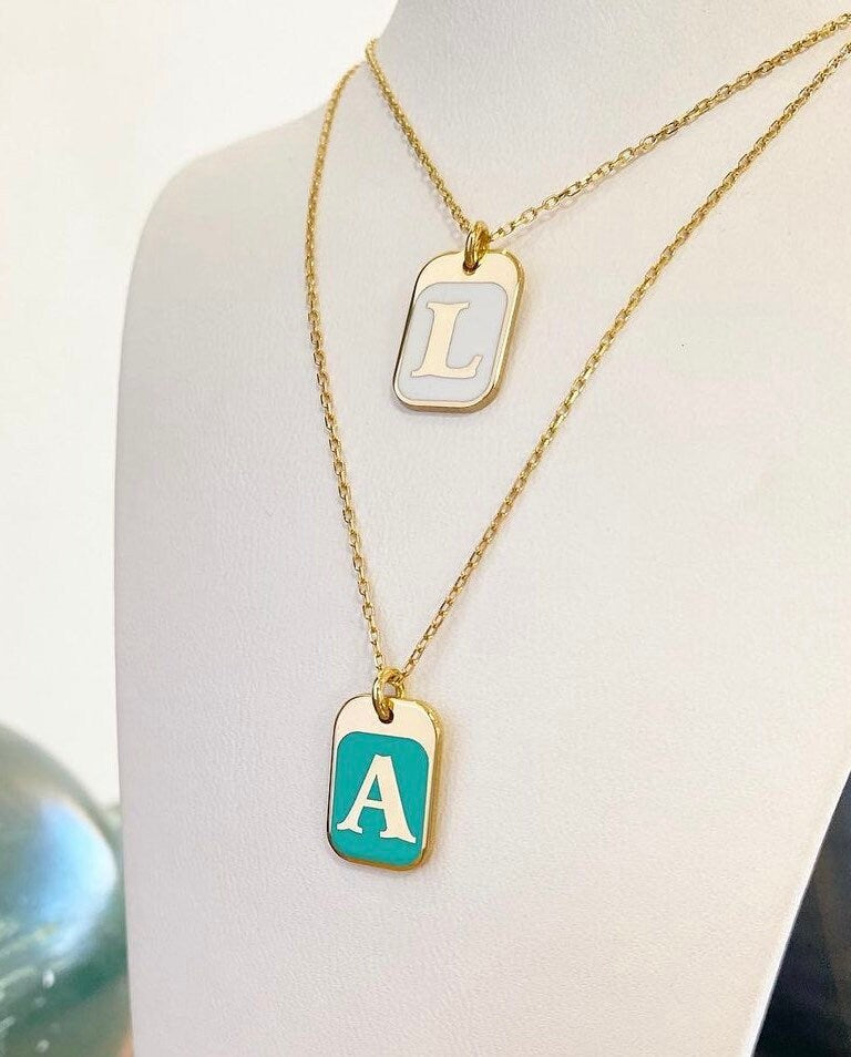 Sterling silver 14K gold plated Enamel Initial Necklaces | enamel Dog Tag Initial Letter Necklaces | Personalized initial Jewelry