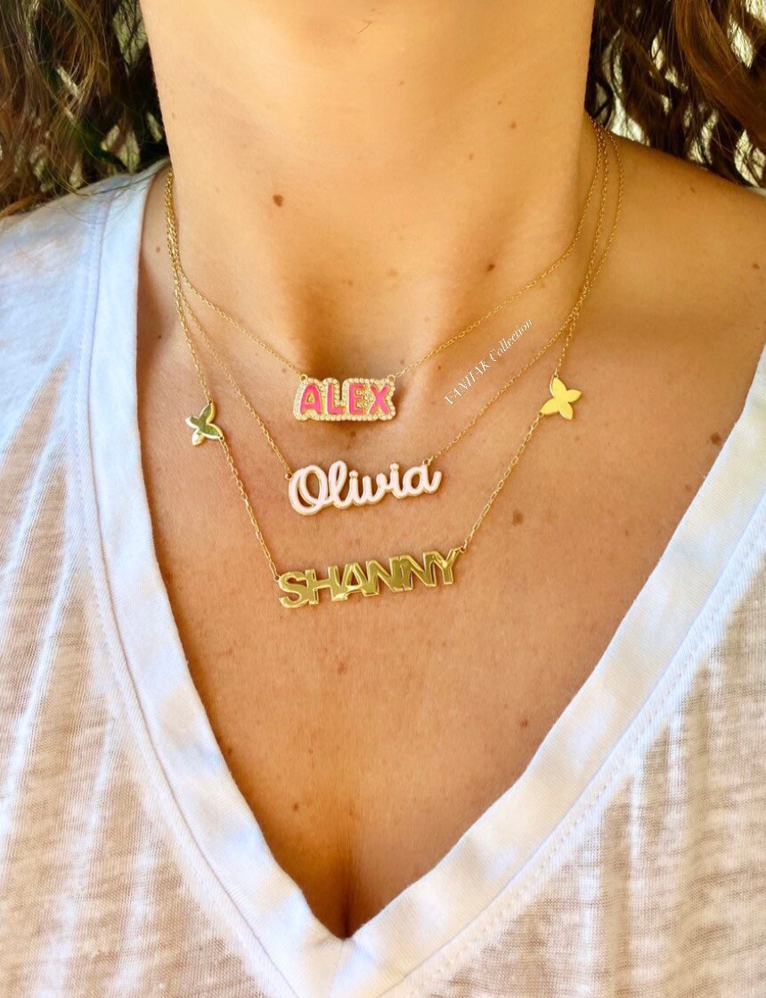 Nameplate with butterflies | personalized name necklace with butterflies |Sterling silver and 14K gold plated butterfly nameplate necklace