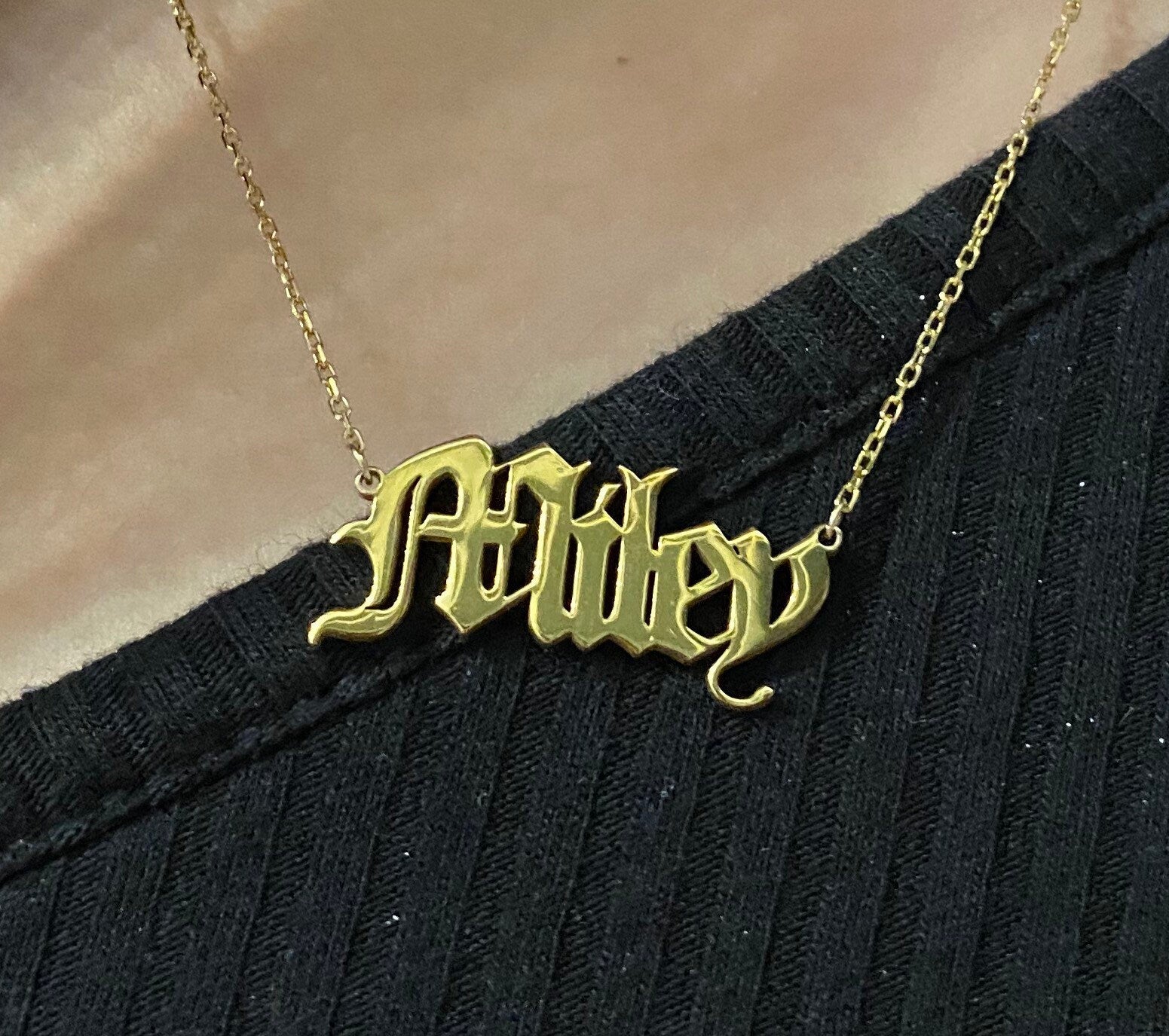 Personalized old English name choker. Custom gothic necklace sterling silver and gold plated. Old English nameplate. Gothic nameplate.