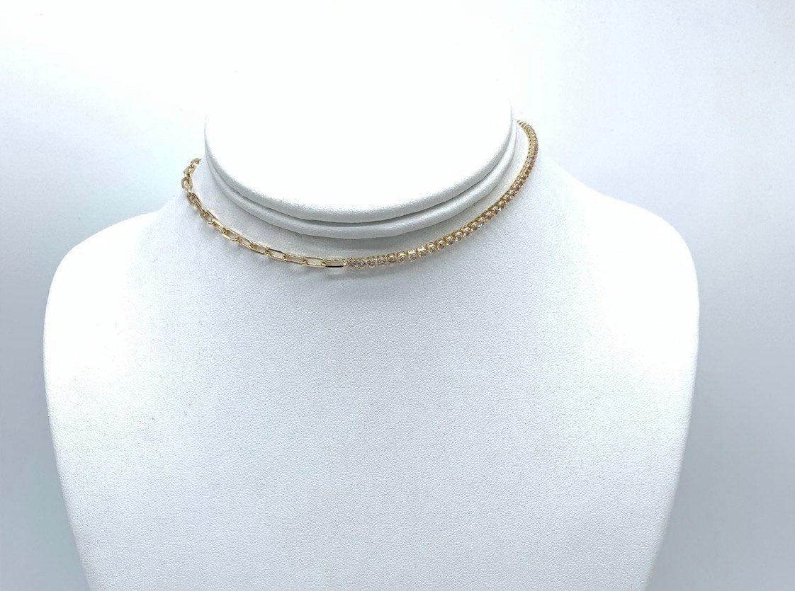 Gold-filled Half chain link half tennis choker. Half chain link half tennis necklace. Tennis X Chain necklace. Chain X Tennis necklace.