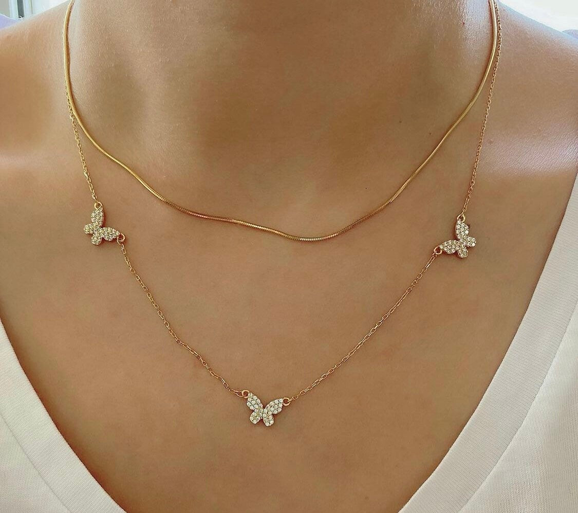 Gold, rose gold, sterling silver pave butterfly necklace. Sterling silver 14K gold plated cz butterfly choker. Triple butterfly CZ necklace.