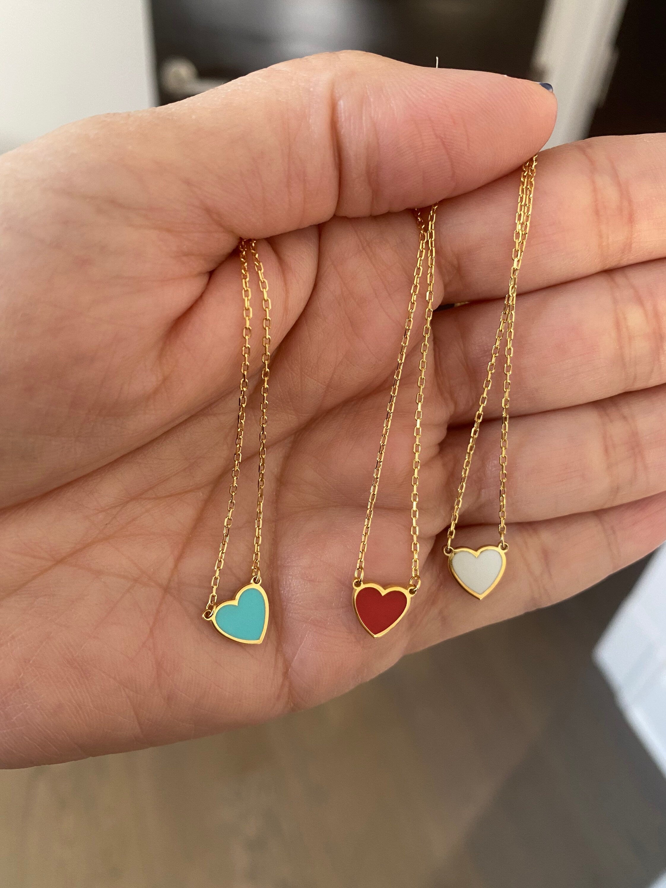 Sterling silver and gold plated mini heart enamel necklace. Enamel heart necklace. Enamel heart choker.