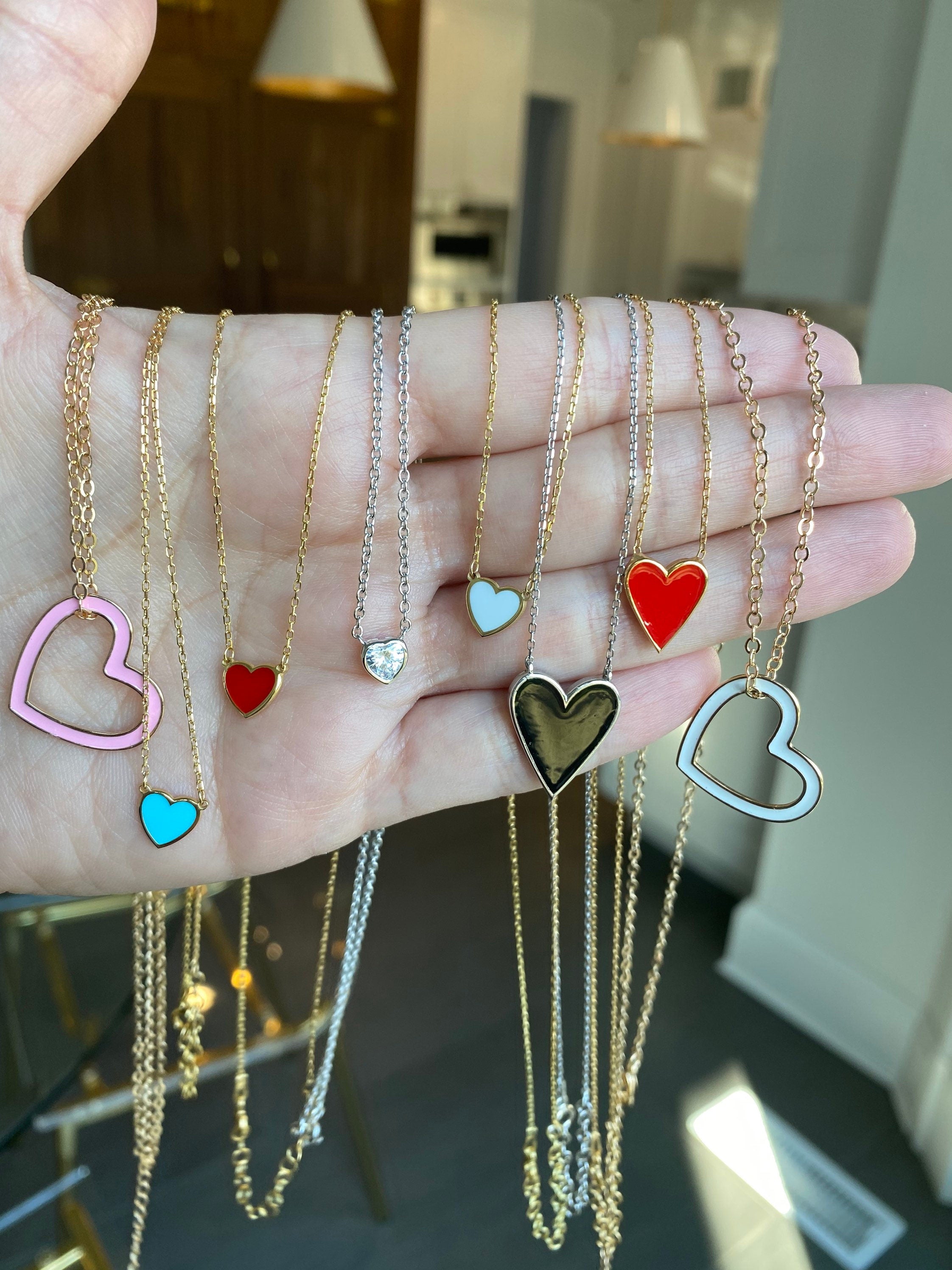 Sterling silver and gold plated mini heart enamel necklace. Enamel heart necklace. Enamel heart choker.