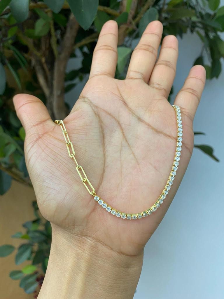Gold-filled Half chain link half tennis choker. Half chain link half tennis necklace. Tennis X Chain necklace. Chain X Tennis necklace.