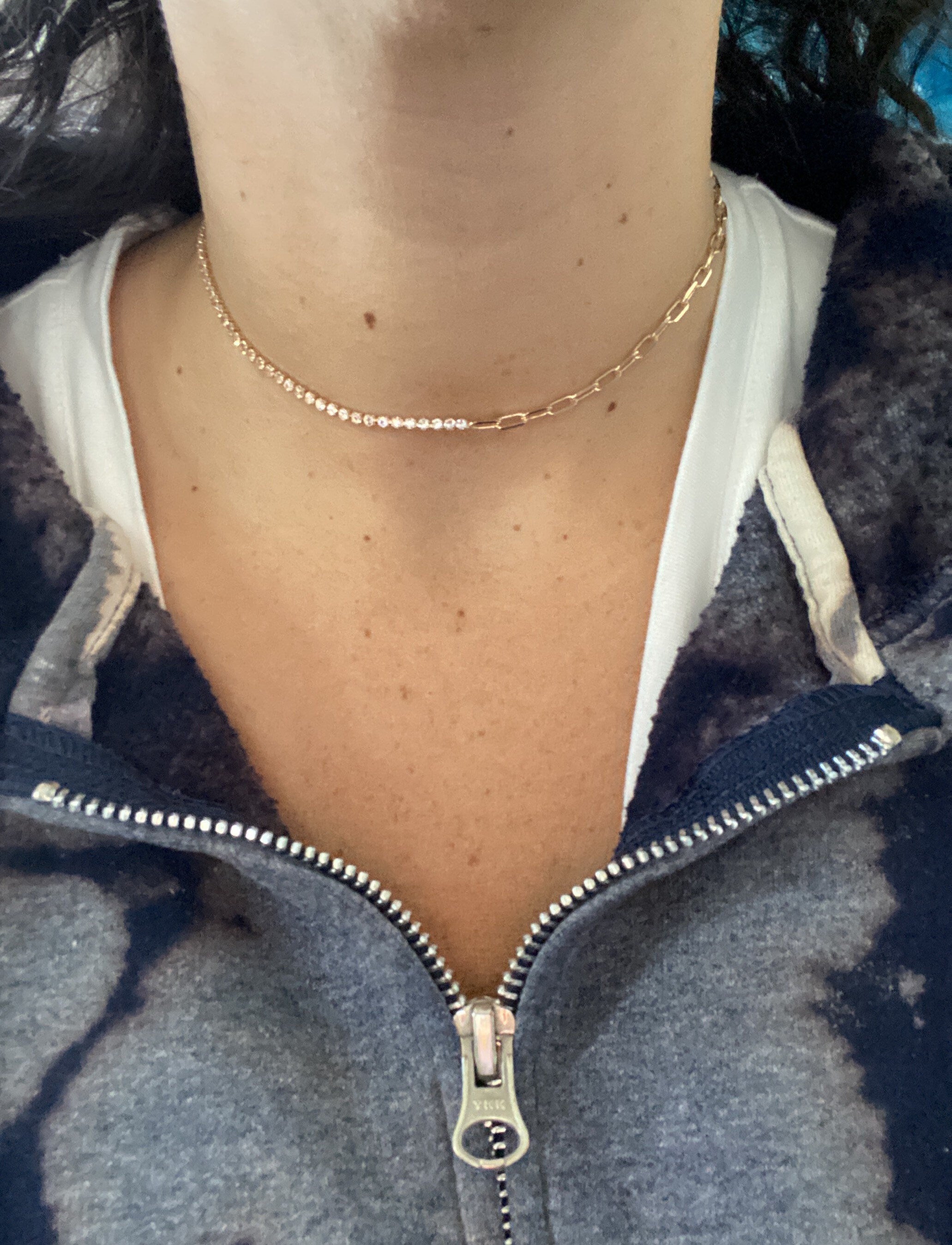 Gold-filled Half chain link half tennis choker. Half chain link half tennis necklace. Tennis X Chain necklace. Chain X Tennis necklace.