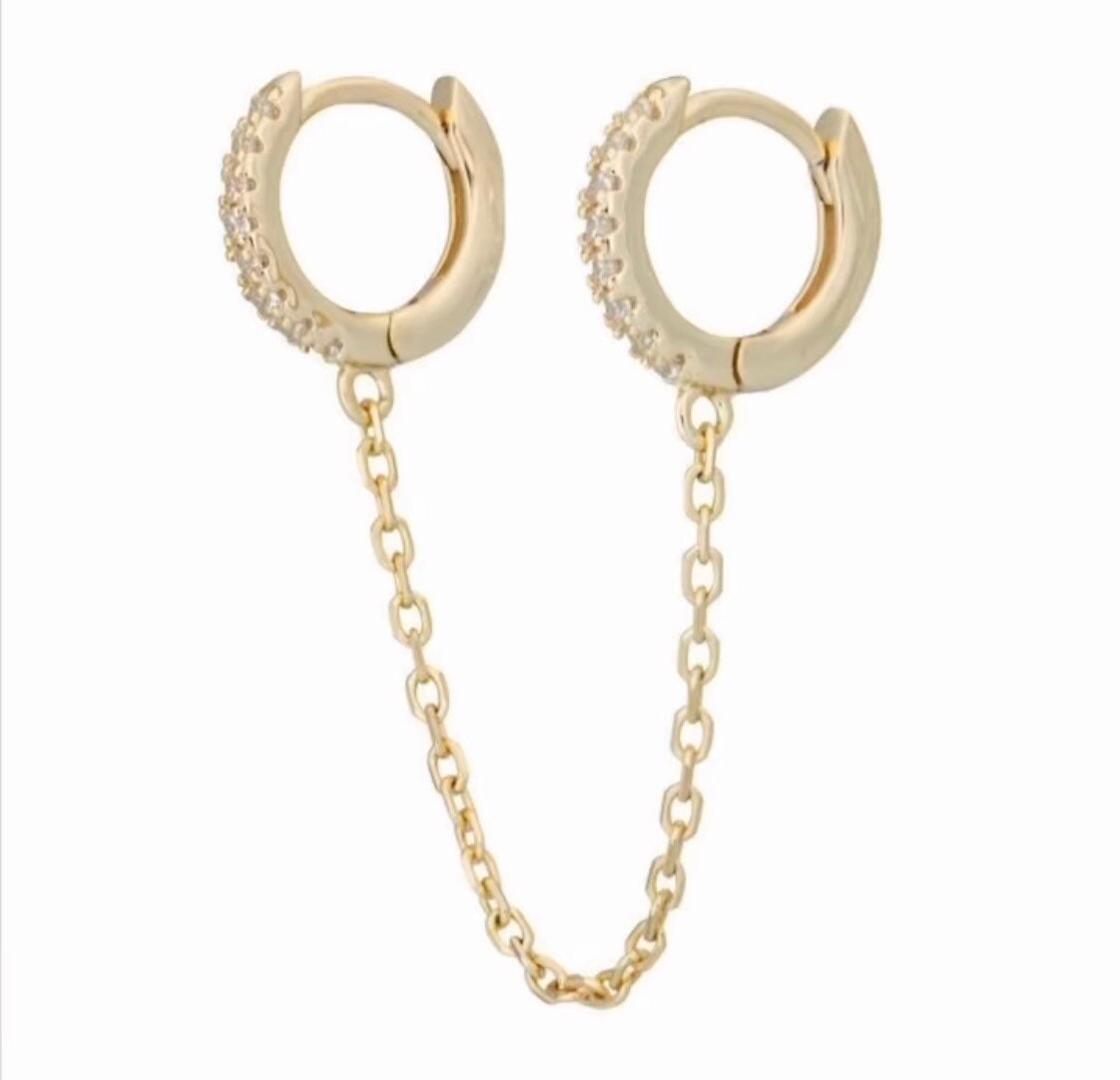 CZ Pave double huggie chain earrings | Huggie chain earring | Sterling silver 14K gold plated |