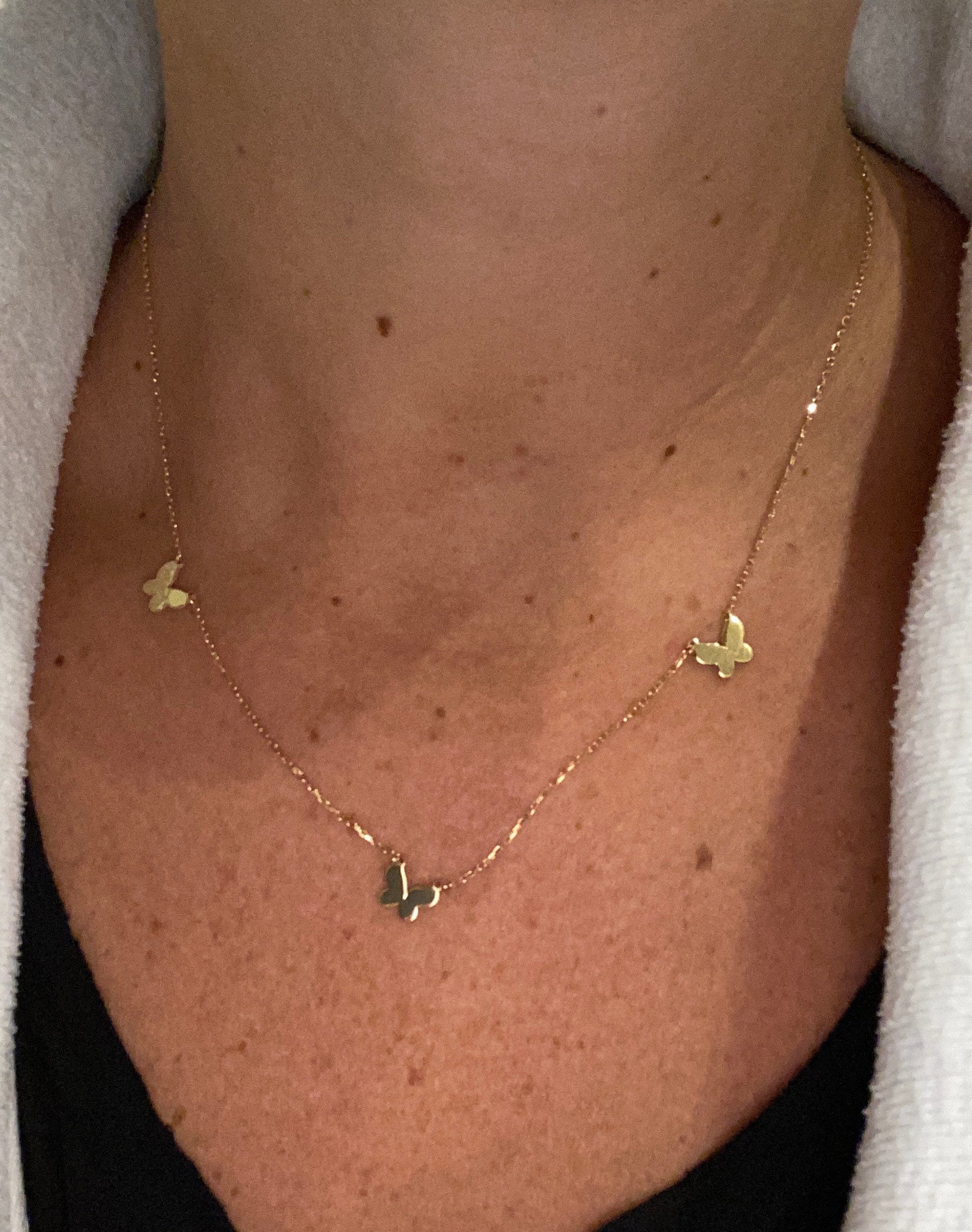 Gold, rose gold, sterling silver butterfly necklace. Sterling silver 14K gold plated butterfly choker. Triple butterfly necklace.