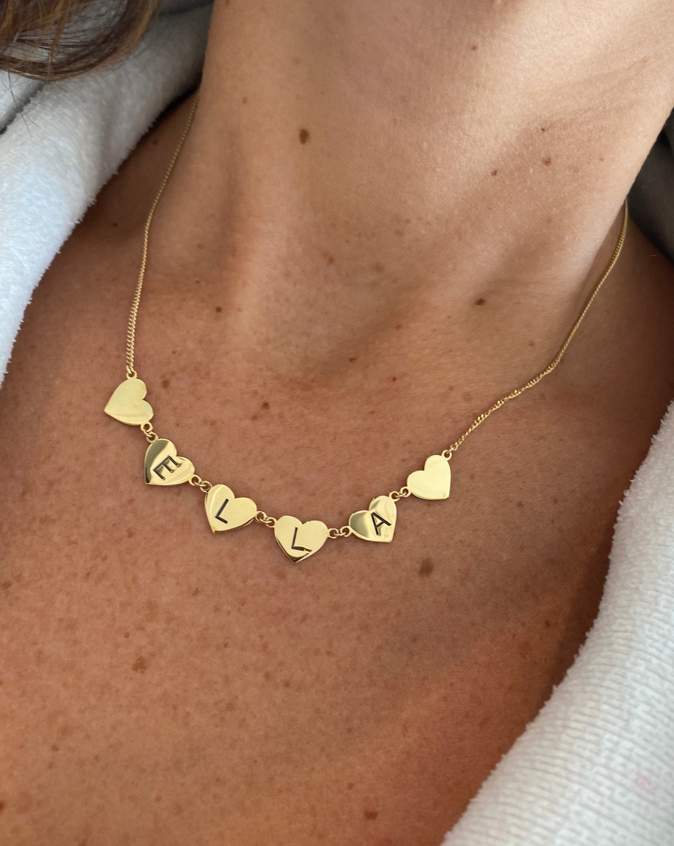 Hearts name necklace. Hearts letters / initials necklace. Sterling silver and 14K gold plated. Gold or silver.