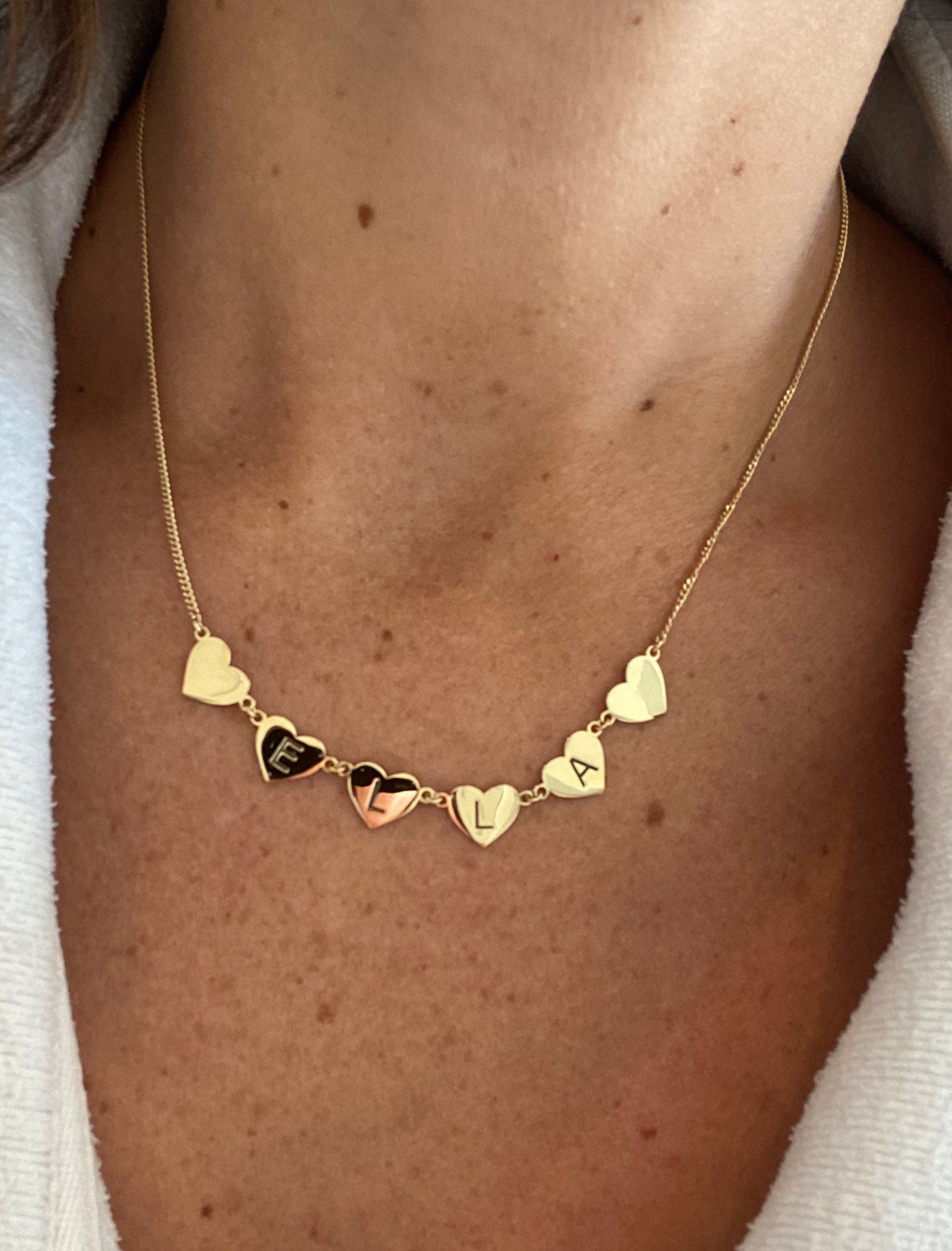 Hearts name necklace. Hearts letters / initials necklace. Sterling silver and 14K gold plated. Gold or silver.