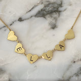 Hearts name necklace. Hearts letters / initials necklace. Sterling silver and 14K gold plated. Gold or silver.