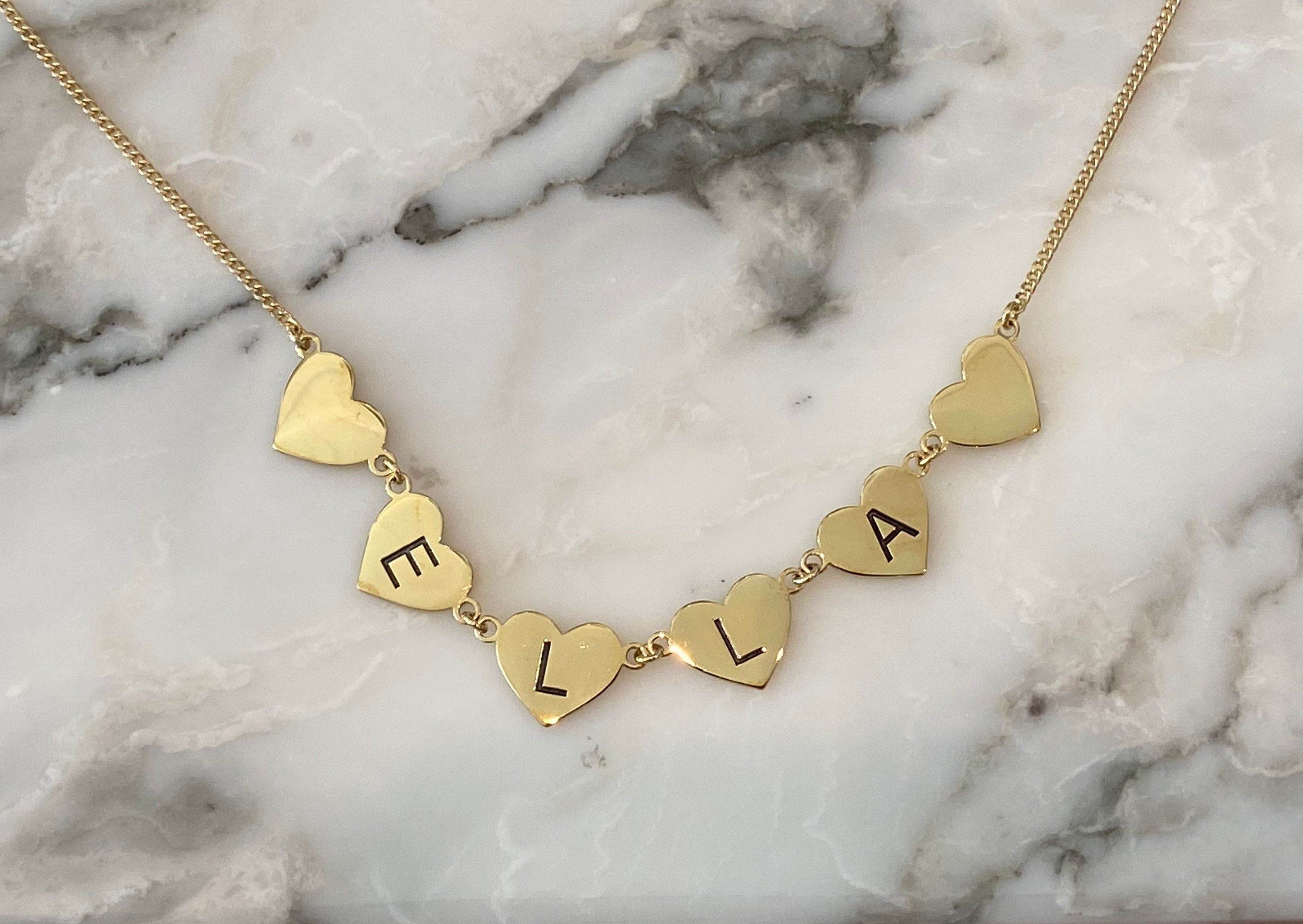 Hearts name necklace. Hearts letters / initials necklace. Sterling silver and 14K gold plated. Gold or silver.
