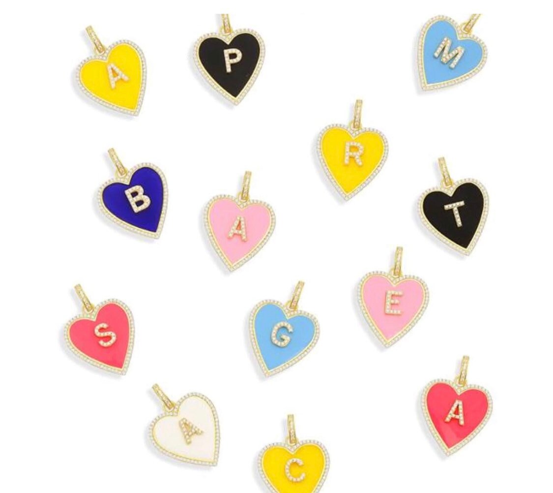 Enamel pave heart initial charm | enamel initial charm | pave initial enamel heart charm | pave heart enamel initial charm