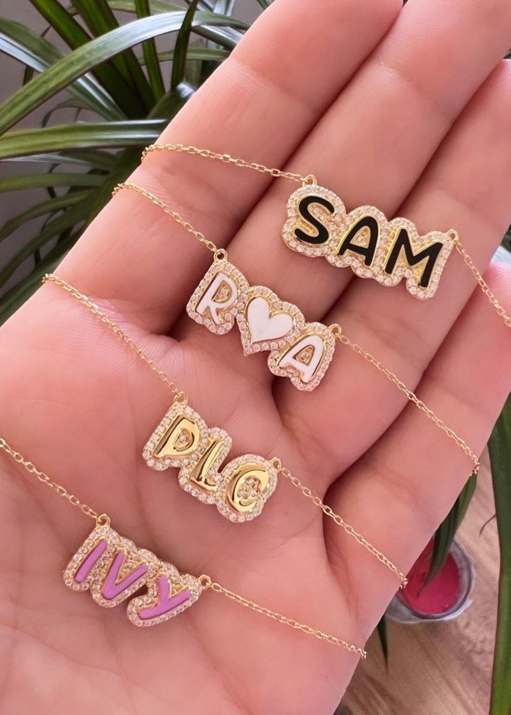 NEW personalized pave outline enamel necklace. Custom enamel pave Julia necklace. Personalized enamel bubble name necklace.