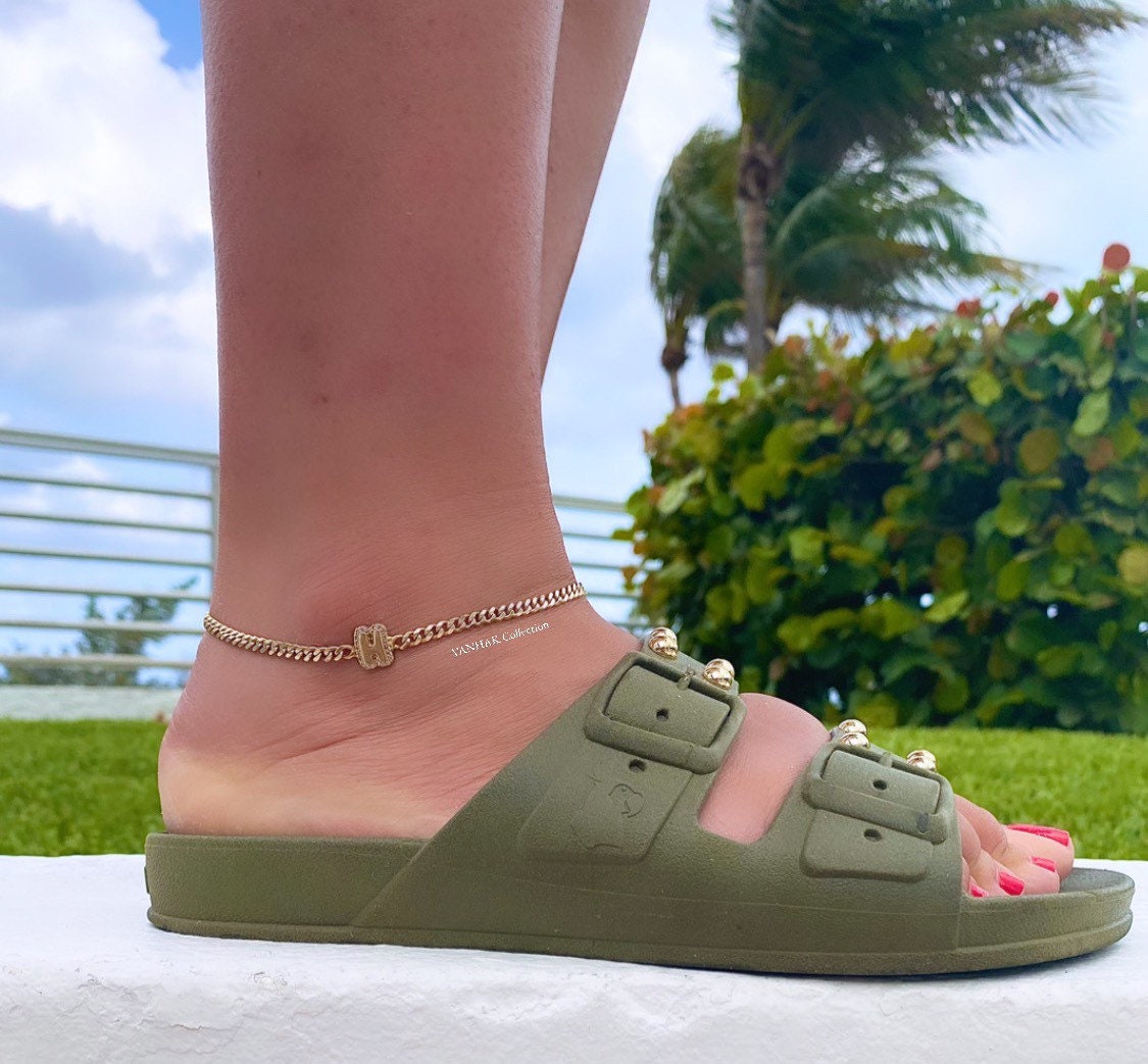 Pave Bubble curb chain anklet. Large Cuban Chain with Large Bubble Initial Anklet. The Alicia anklet.