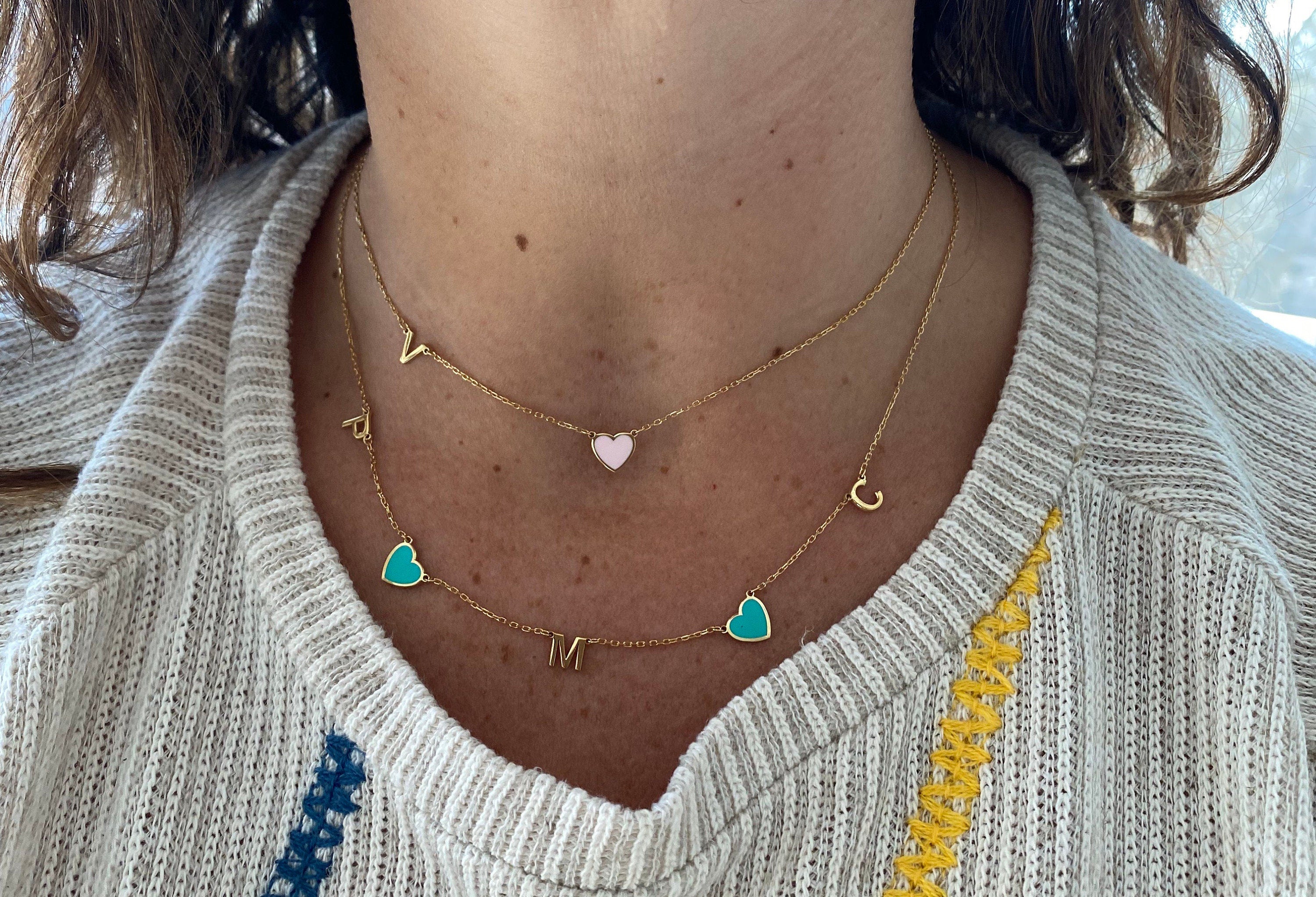 Sideways initial necklace / mommy initial necklace | Sterling Silver 14K Gold Plated | asymmetrical enamel heart personalized necklace