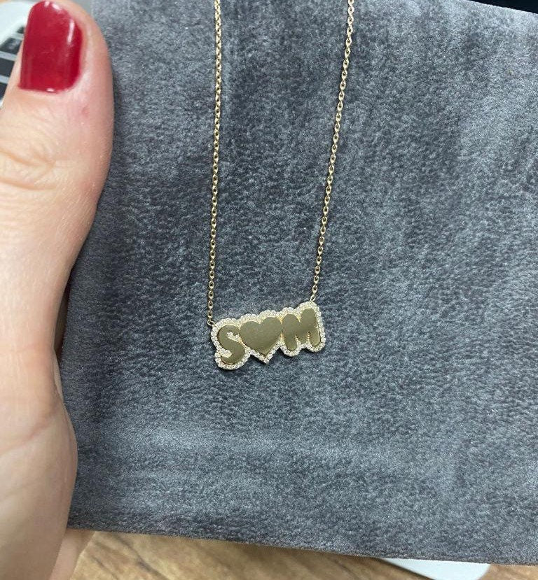 14K gold and diamond pave outline necklace. Custom pave outline necklace. Personalized 14K gold bubble necklace. Custom 14K bubble necklace