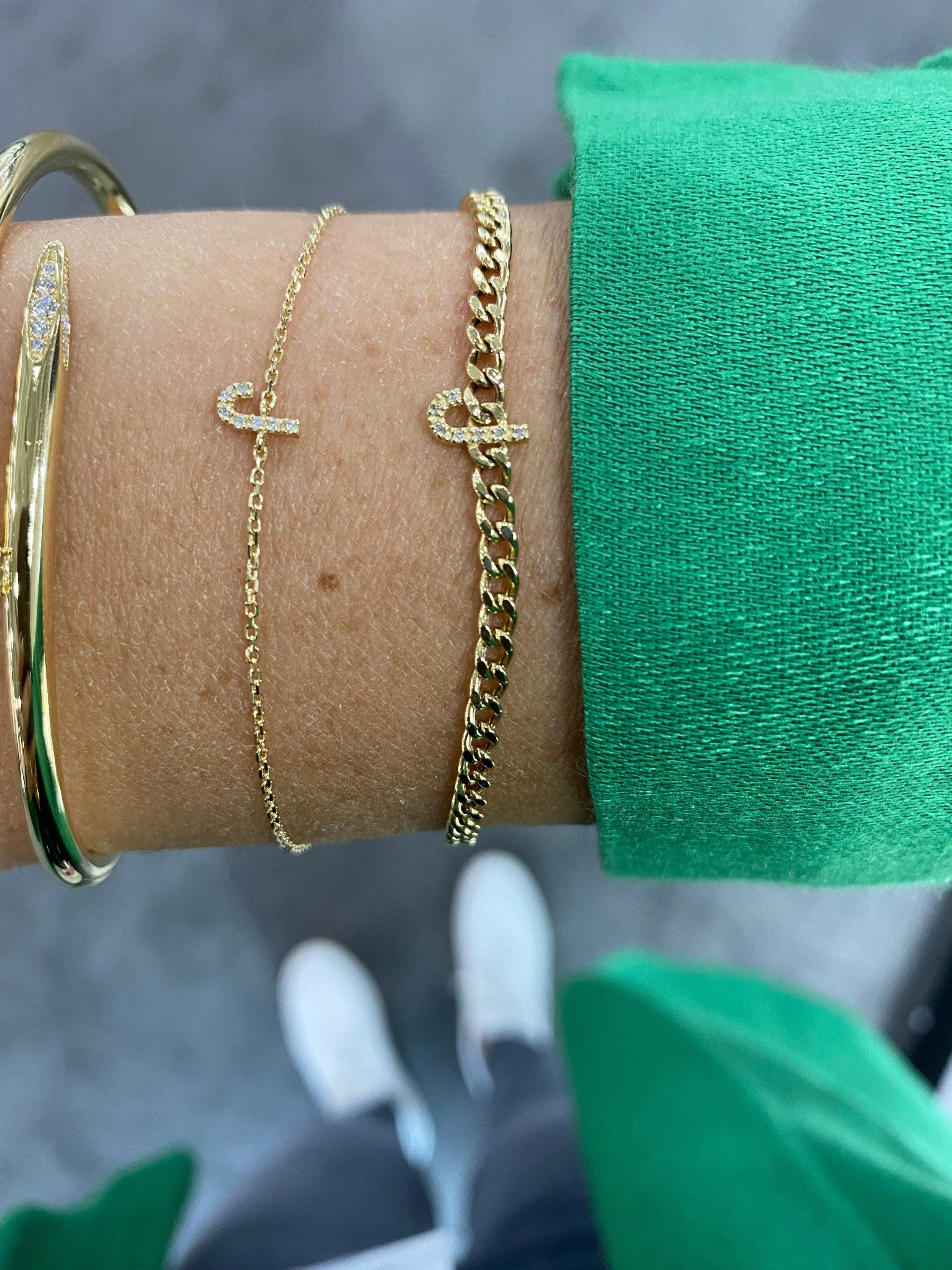 14K gold and diamonds initial bracelet | custom 14K gold letter bracelet | personalized 14K gold and diamonds mini pave initial bracelet