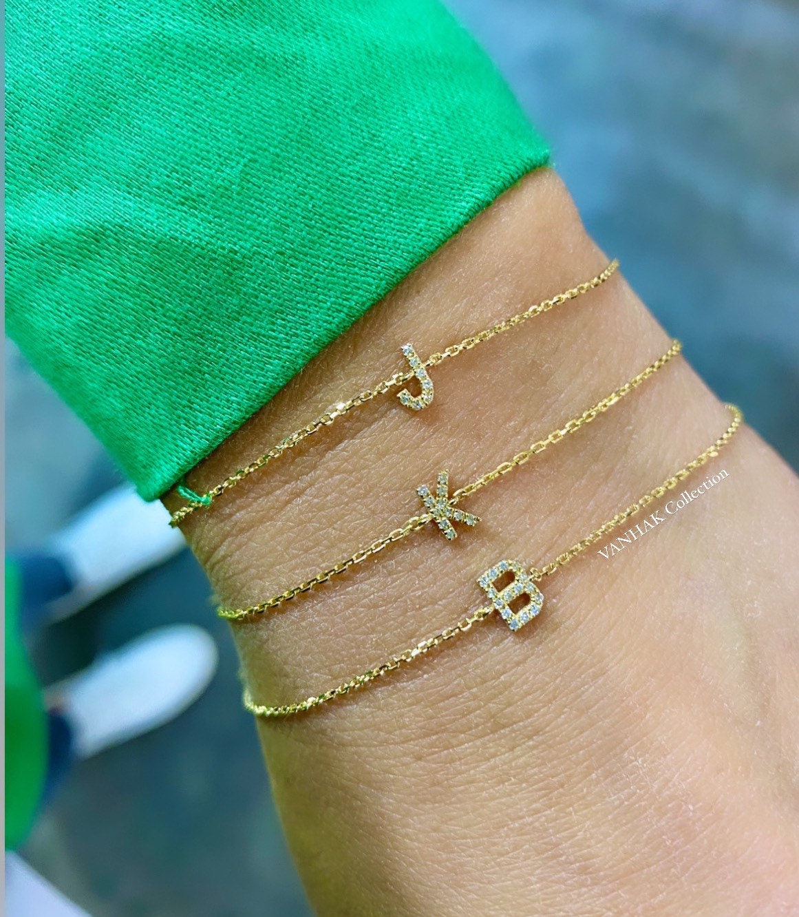 14K gold and diamonds initial bracelet | custom 14K gold letter bracelet | personalized 14K gold and diamonds mini pave initial bracelet