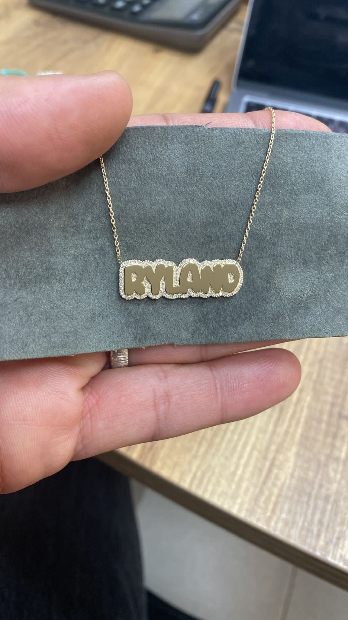 14K gold and diamond pave outline necklace. Custom pave outline necklace. Personalized 14K gold bubble necklace. Custom 14K bubble necklace