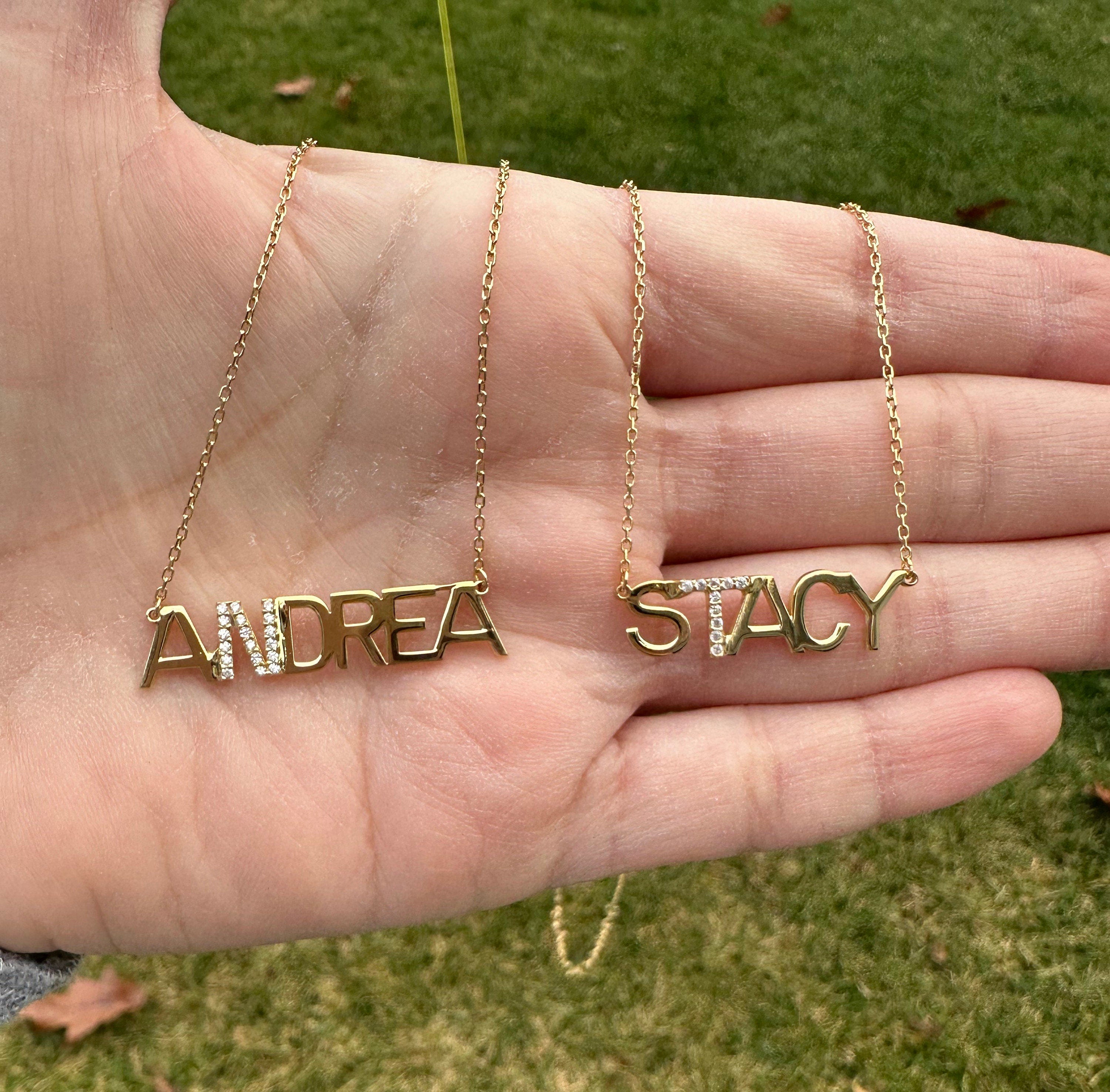 Sterling silver 14K gold plated Stacy Block Nameplate Necklace | Name Necklace | Personalized Name Jewelry | custom name pave necklace