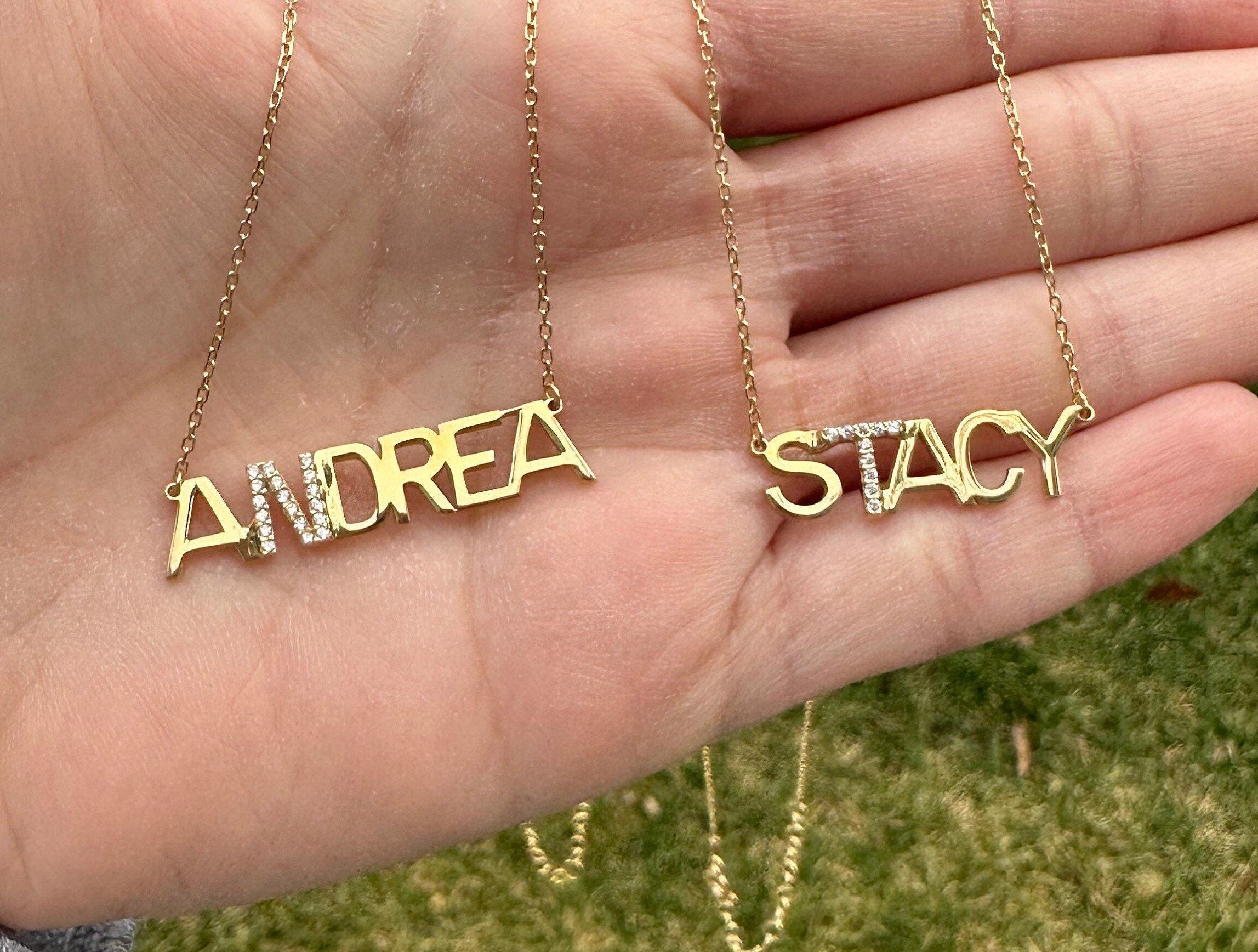 Sterling silver 14K gold plated Stacy Block Nameplate Necklace | Name Necklace | Personalized Name Jewelry | custom name pave necklace