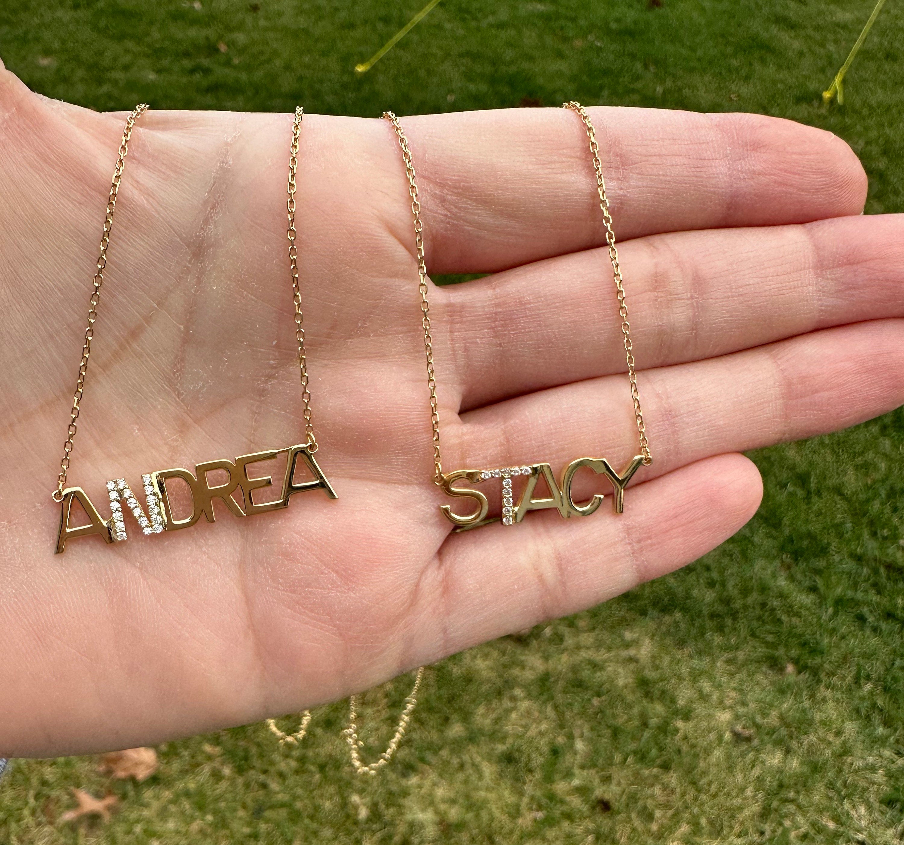 Sterling silver 14K gold plated Stacy Block Nameplate Necklace | Name Necklace | Personalized Name Jewelry | custom name pave necklace