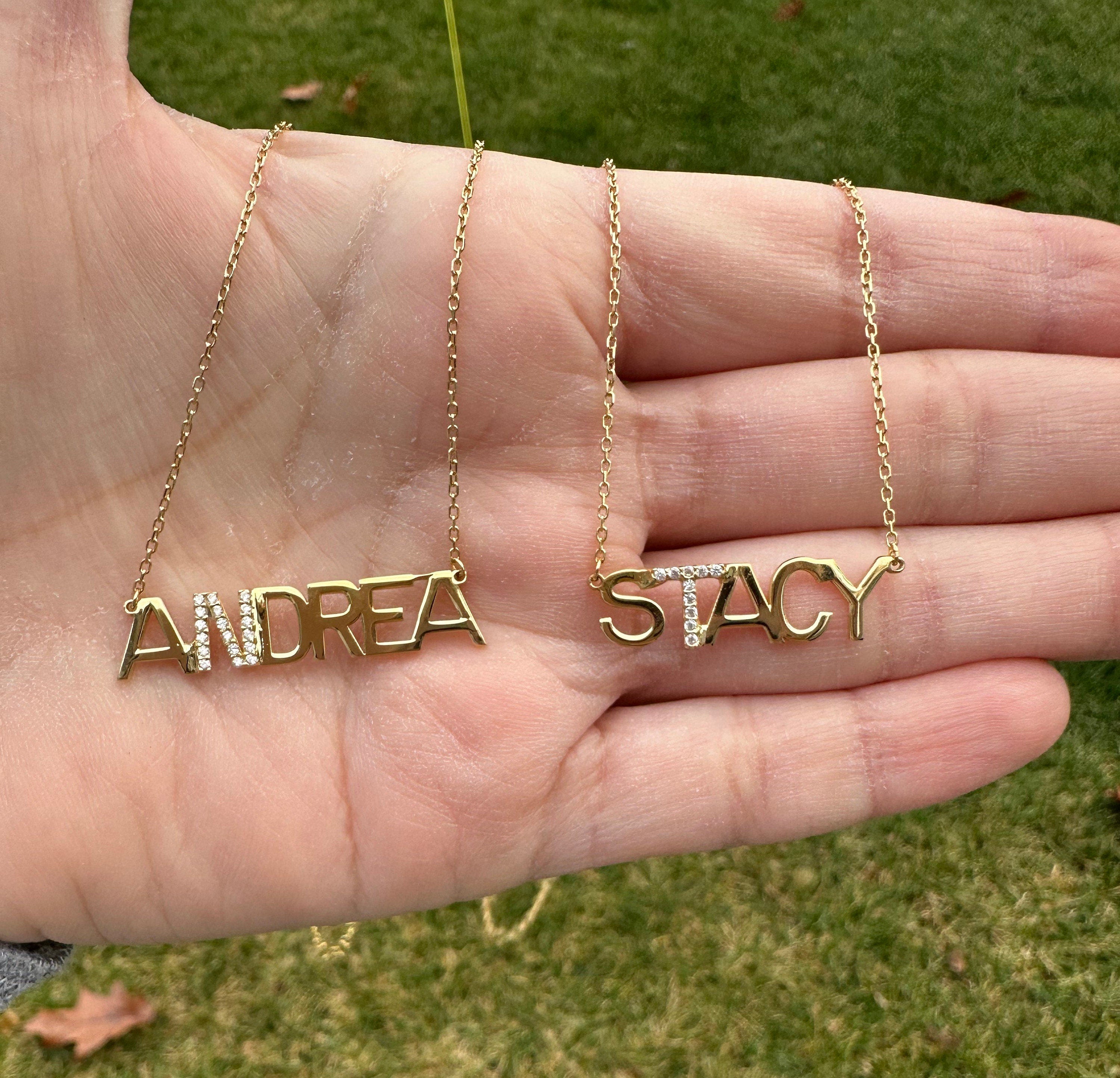Sterling silver 14K gold plated Stacy Block Nameplate Necklace | Name Necklace | Personalized Name Jewelry | custom name pave necklace