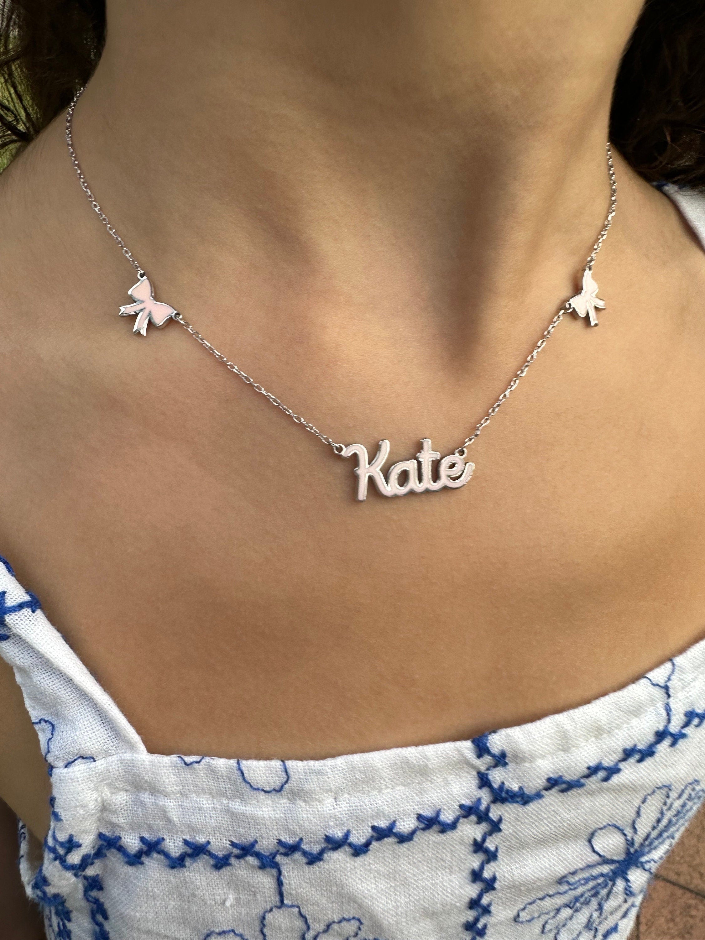 Sterling silver 14K gold plated Enamel Script Kate Nameplate Necklace with bows | Enamel Hebrew Name Necklace | Personalized enamel Jewelry