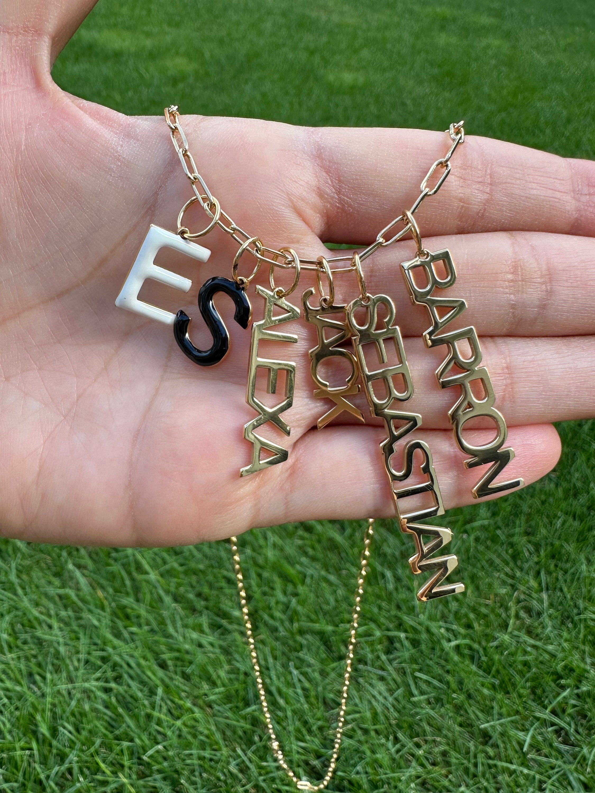 As seen on Esther and Sasha! Personalized Name Charms. Custom Charms. Enamel initial charms. Custom name charms.