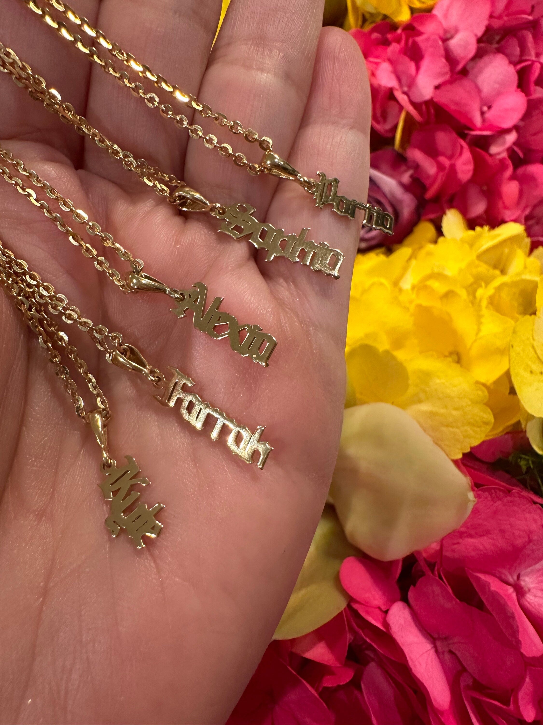 Old English/gothic vertical nameplate. Custom nameplate. Personalization Kyle necklace. Personalized nameplate. As seen on Kyle Richards.