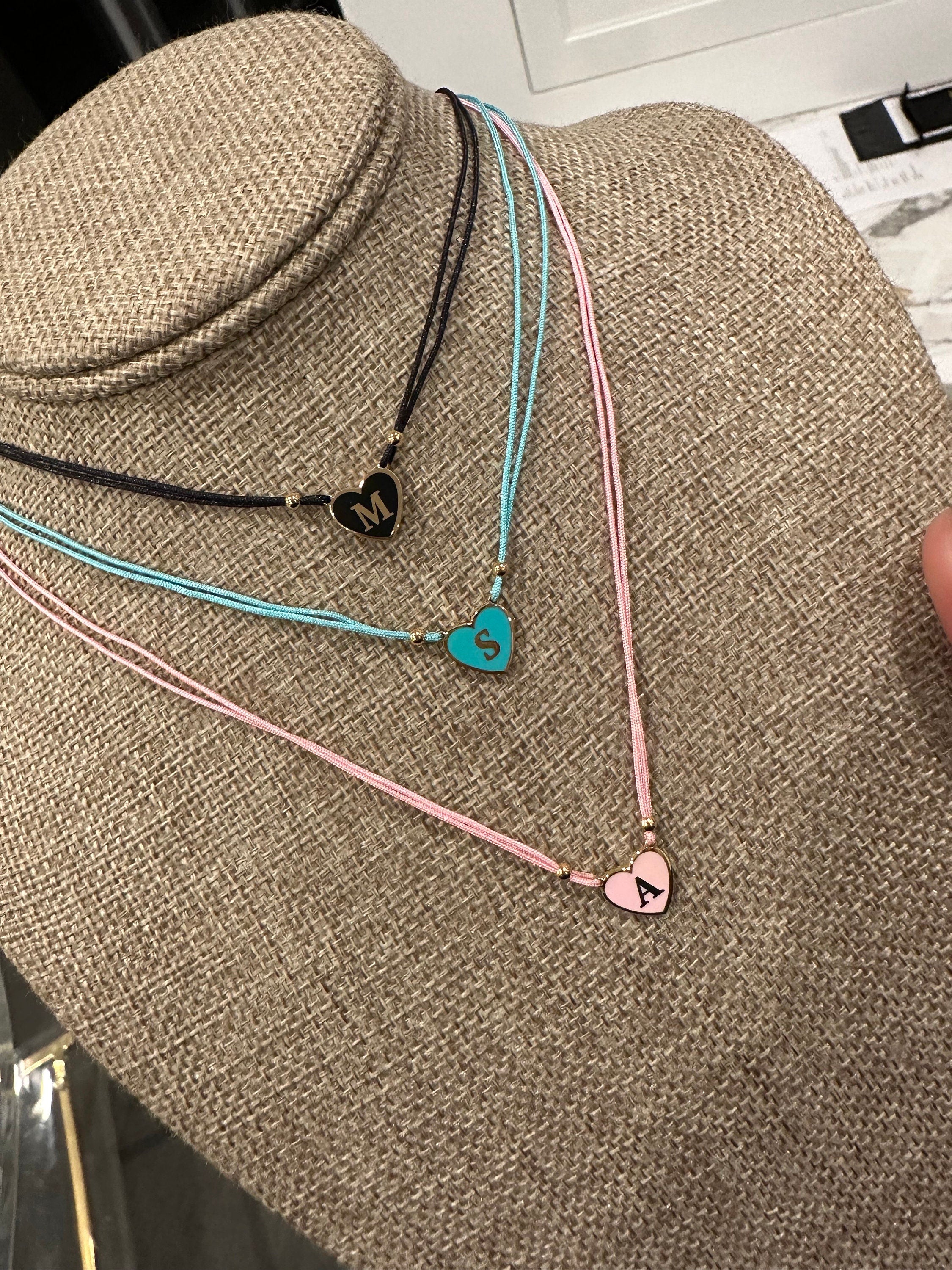 Enamel heart initial string necklace | Sterling Silver 14K Gold Plated | enamel heart personalized necklace | initial necklace on string